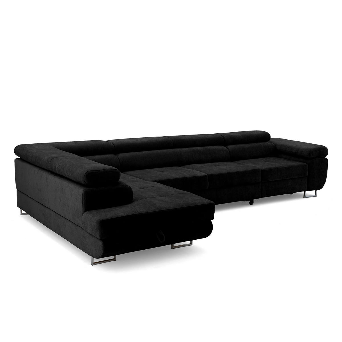 ECKSOFA WILD MAXI L Links mit Schlaffunktion 125x195 Chenille Schwarz - Chromfarben/Schwarz, Holz/Textil (350/203cm) - Muffo