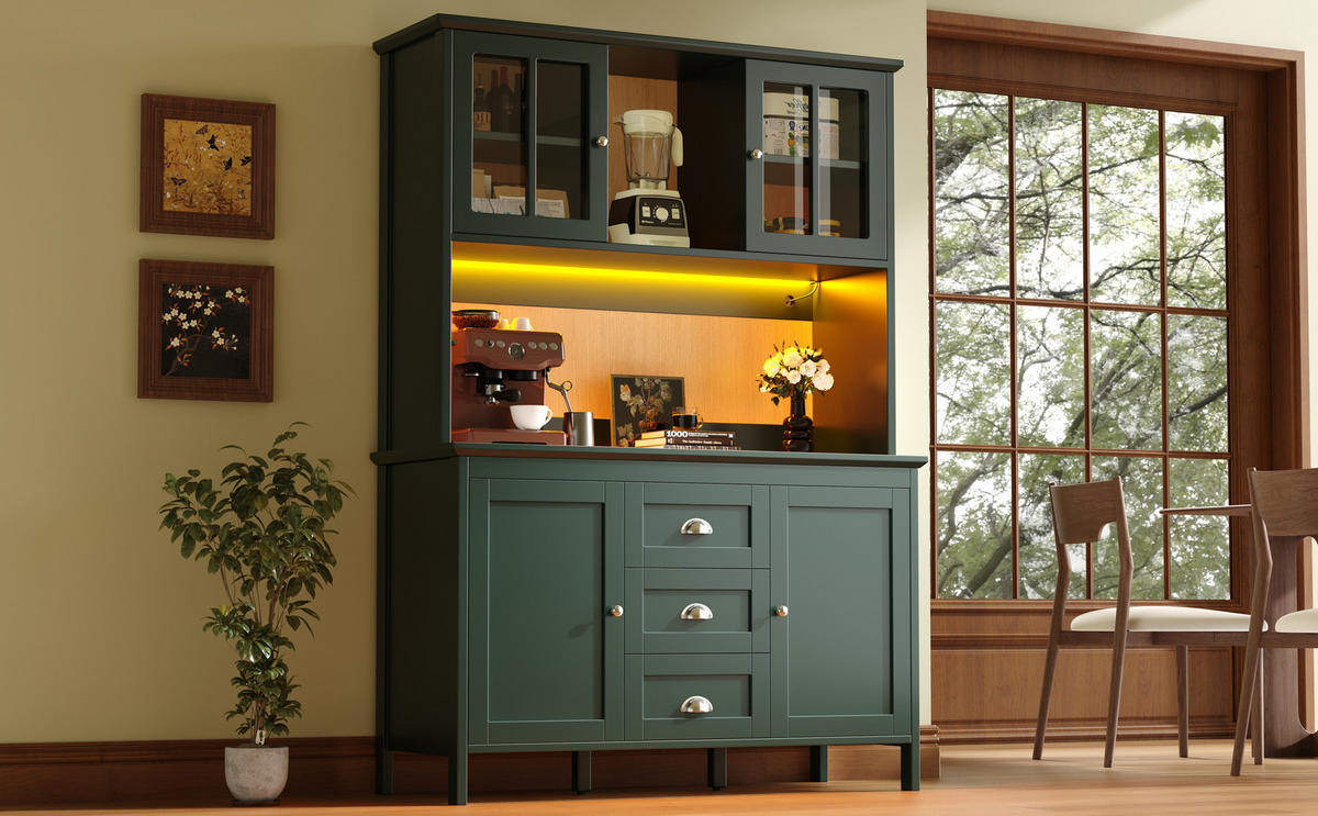 KÜCHENSCHRANK 120x40x179 cm, LED-Beleuchtung, braune Glastüren, Schubladen, Grün - Grün, Holzwerkstoff (120/179/40cm) - FOHERE