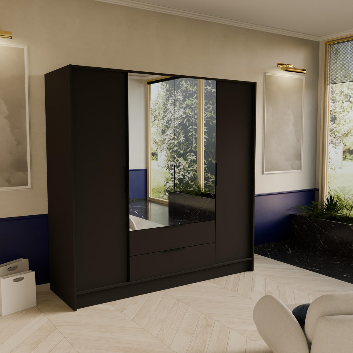 DREHTÜRENSCHRANK CAVA 200/200/51 cm Modern Kleiderschrank 3-türig mit Spiegel Schwarz - Schwarz, Holzwerkstoff (200/200/51cm) - MASSENO
