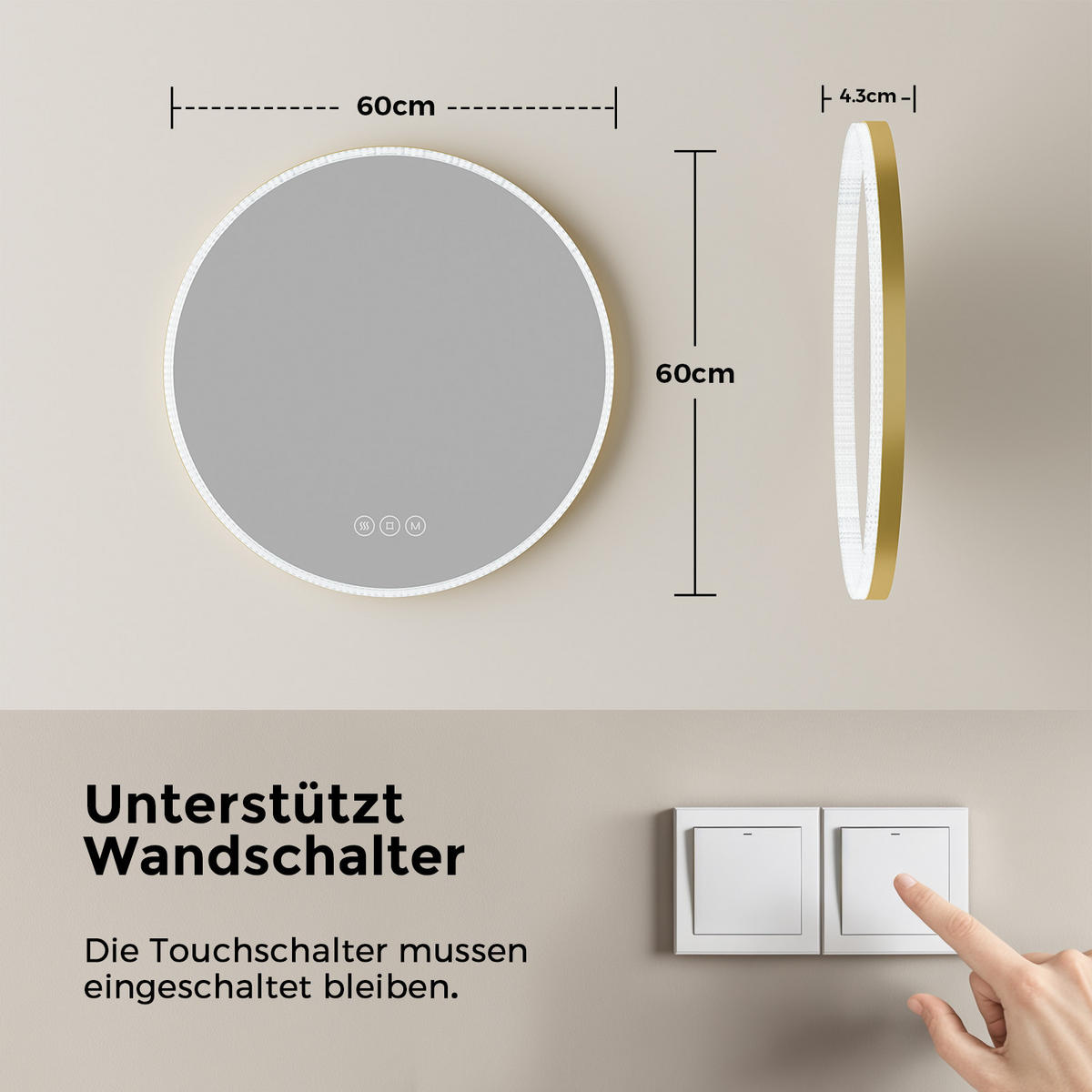 BADSPIEGEL Runder mit Beleuchtung Gold ф60 cm - Goldfarben, Glas (60/4.3/60cm) - EMKE