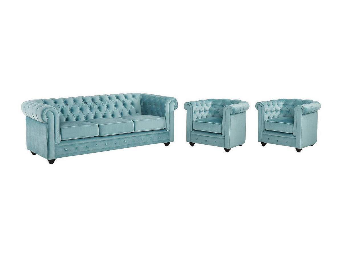 COUCHGARNITUR 3+1+1 - Samt - Hellblau - CHESTERFIELD - Hellblau, Textil (88/72/205cm) - Vente-Unique