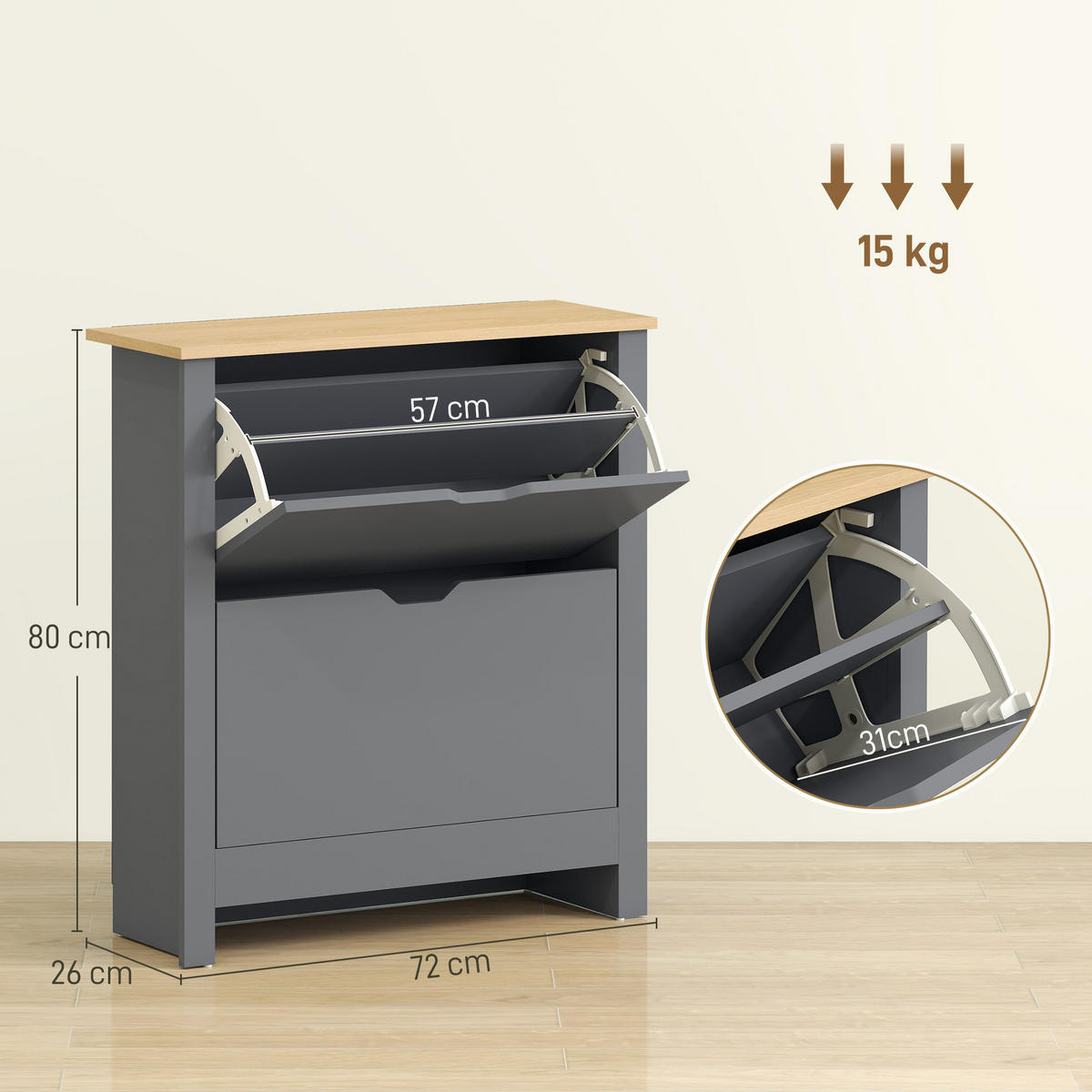 SCHUHSCHRANK,2 Klappfächer verstellbare Trennwand 72x26x80cm,dunkelgrau - Grau, Holzwerkstoff (72/80/26cm) - Vallsero