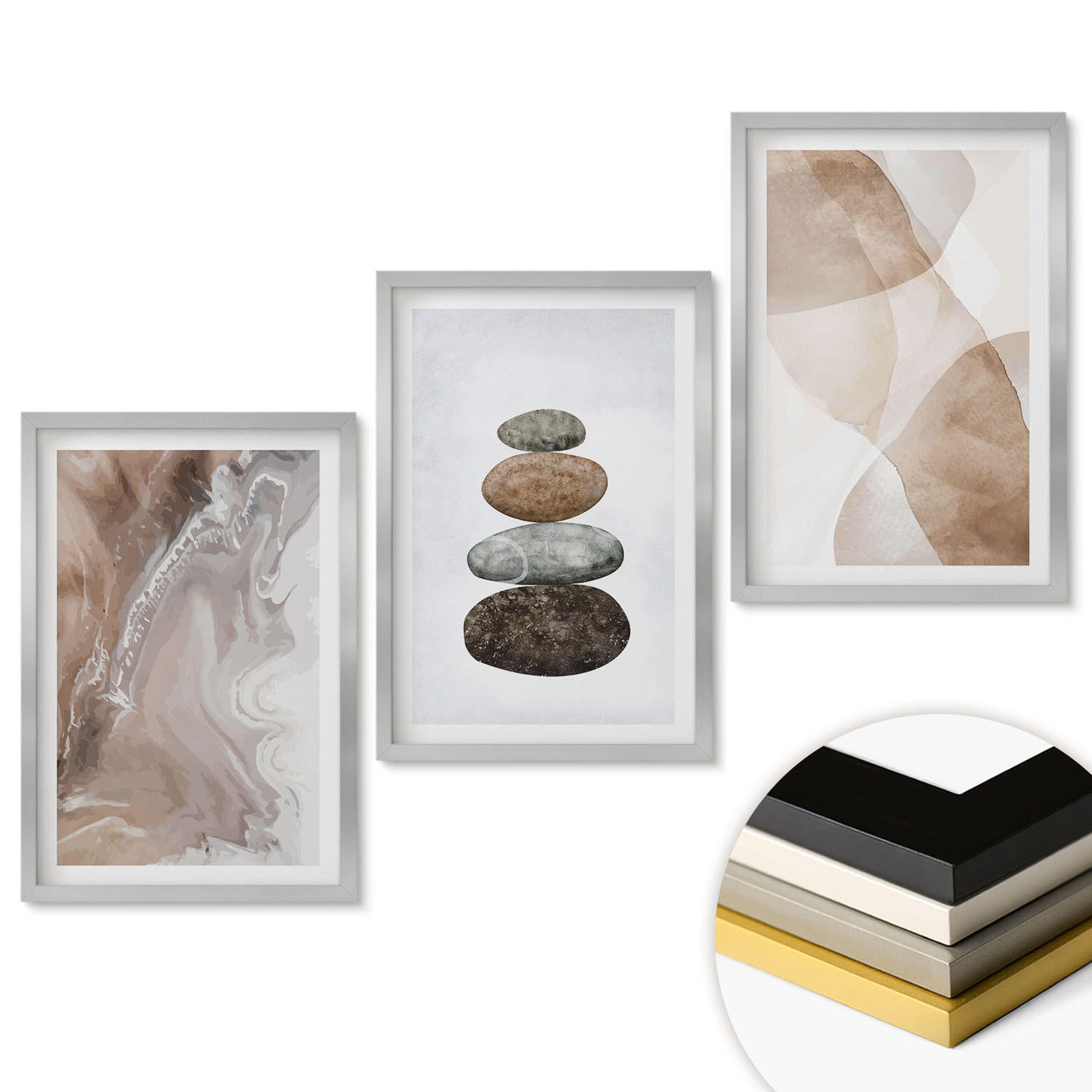WANDBILDER 3er Set - 40x60 cm Silberner Rahmen - Abstrakte Pastellformen - Silberfarben, Kunststoff (40/60cm) - ArtPrintCave