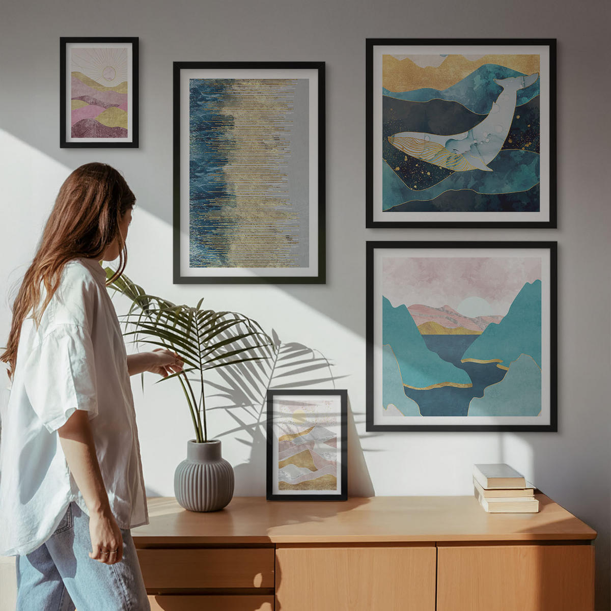 WANDBILDER 5er-Set - 50x50 cm & 20x30 cm & 40x60 cm Schwarzer Rahmen - Abstrakte Berge Sonne - Schwarz, Kunststoff (40/60cm) - ArtPrintCave