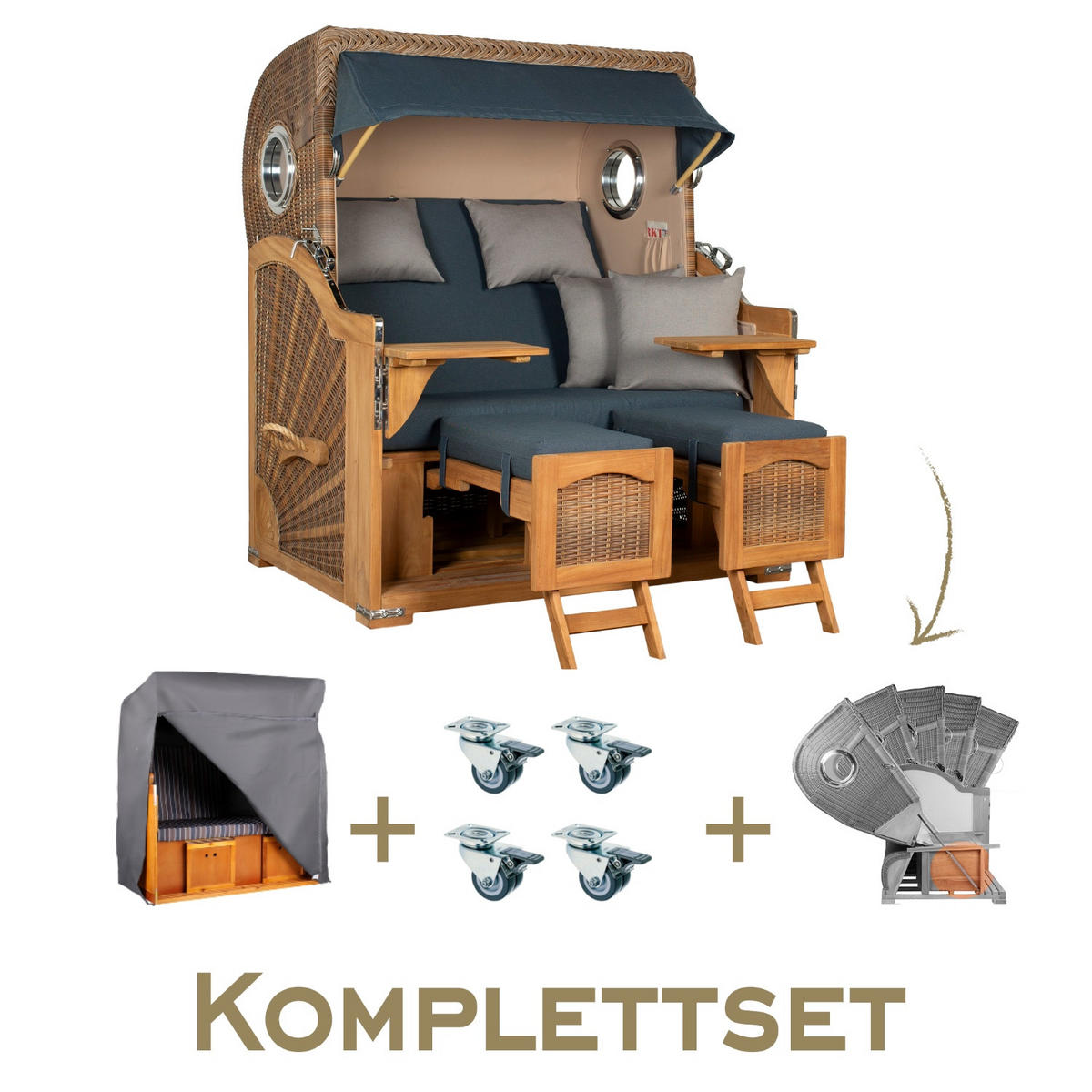 STRANDKORB Komplettset Düne Grande Teak Bullauge PE Banana Dessin 500 - Blau/Braun, Metall (142/170/95cm) - Mr. Deko