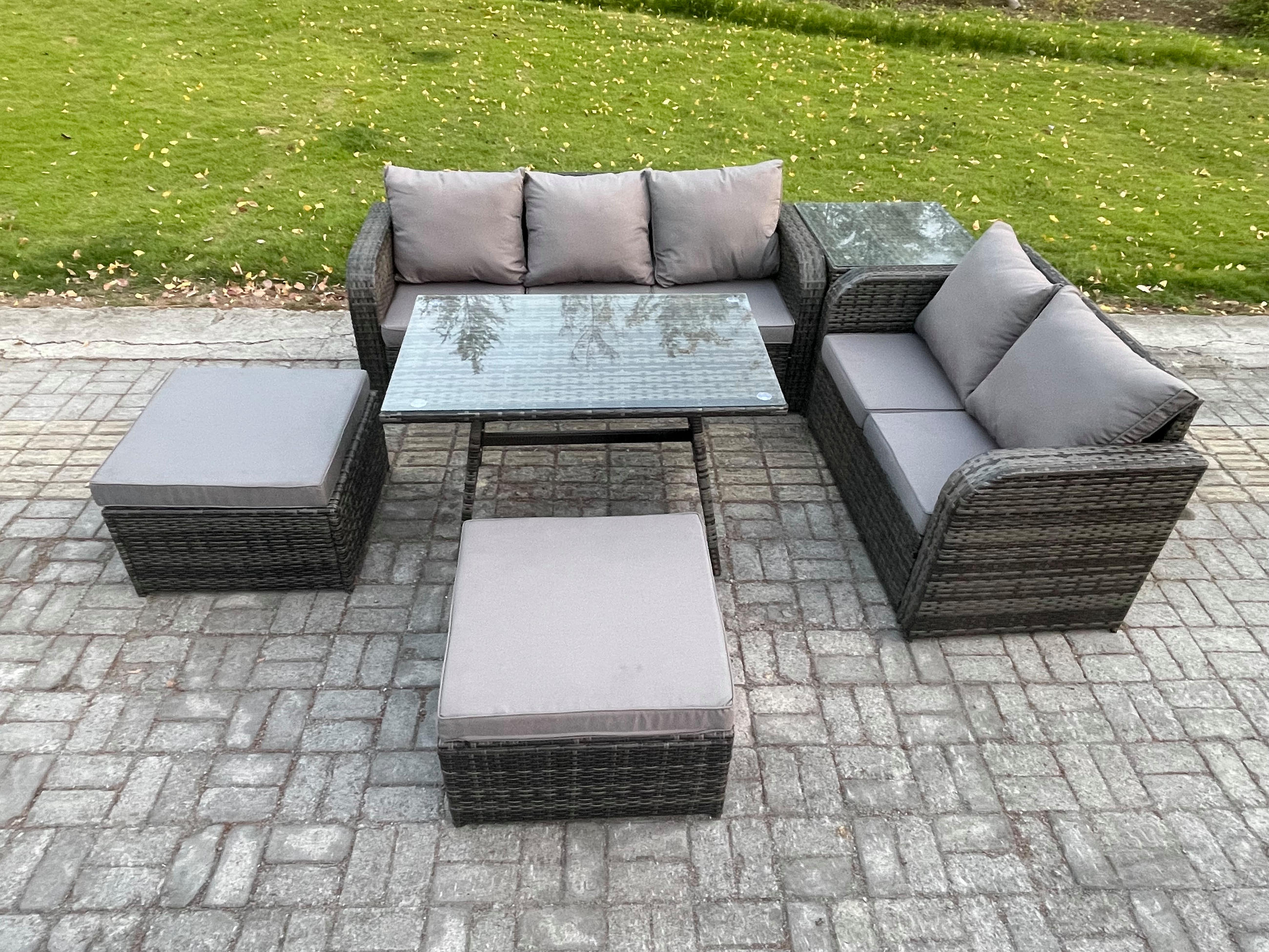GARTENMÖBELSET mit ESSTISCH,SOFA Polyrattan 7-Sitzer - Dunkelgrau/Grau, Glas/Kunststoff - Fimous