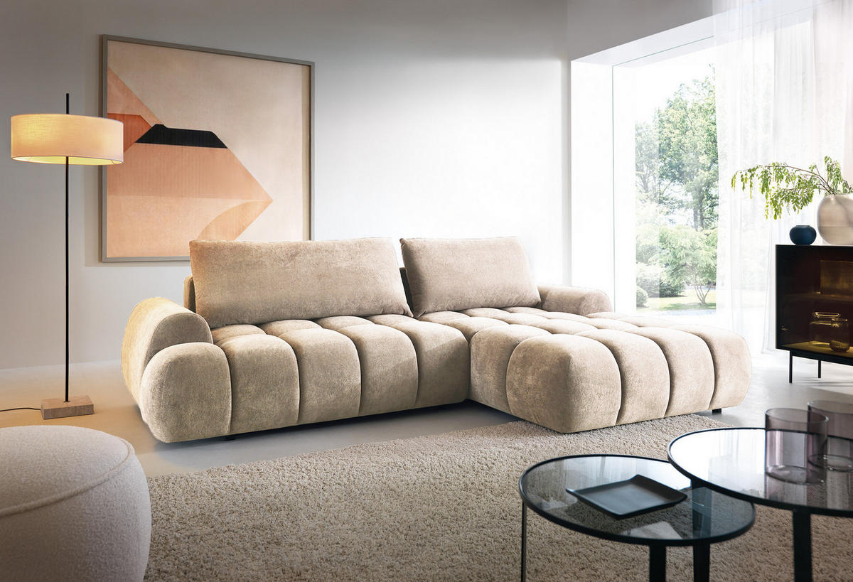ECKSOFA 280 cm Valerio mit Bettkasten, 280 cm, Rechts, Schlaffunktion, Beige - Beige, Holz (177/280cm) - Emporius
