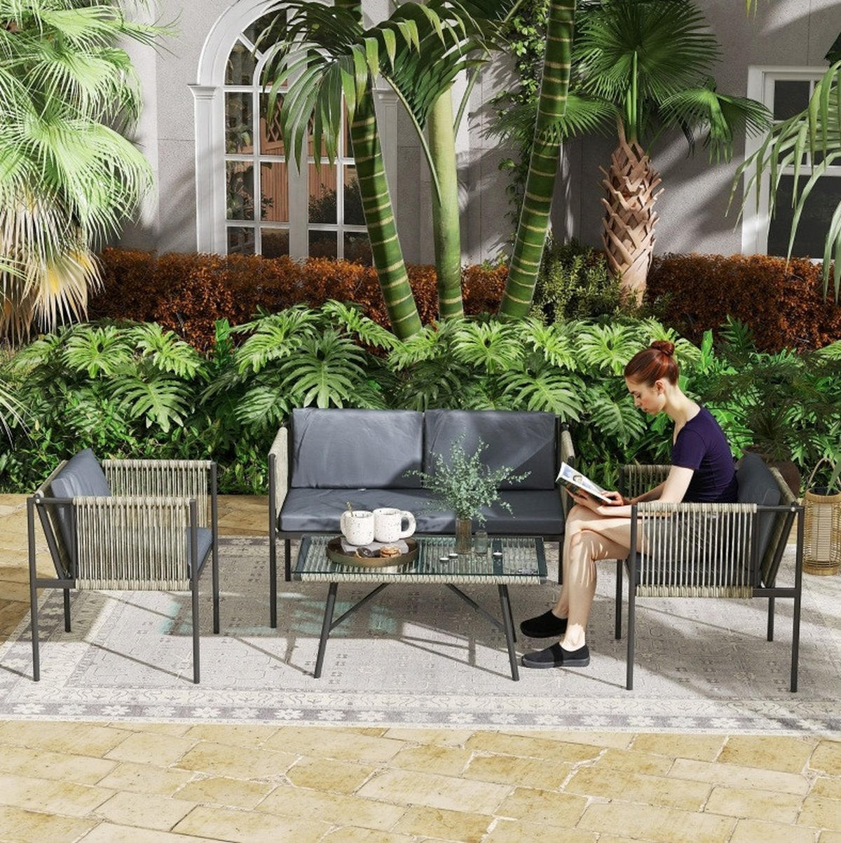 LOUNGEGARNITUR 116/65/68 cm Grau aus Rattan 4er Set - Grau, Naturmaterialien - OKMYHOME