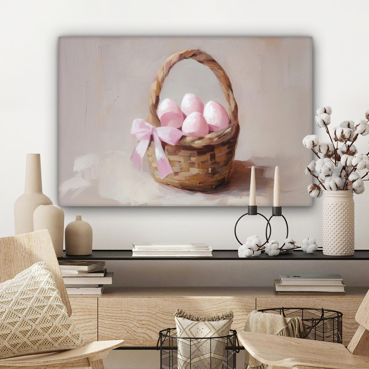 LEINWANDBILD Korb - Eier - Rosa Gemälde 60x40 cm - Beige, Textil (60/40cm) - MuchoWow