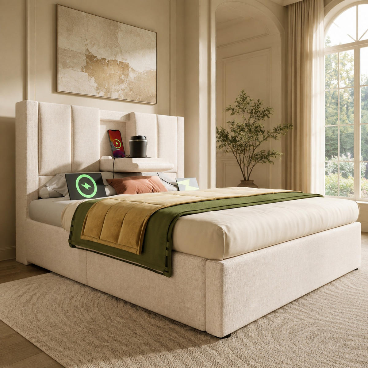 POLSTERBETT 90/200 mit Bettkasten und USB in Beige - Beige, Holzwerkstoff/Textil (90/200cm) - EVRYAE