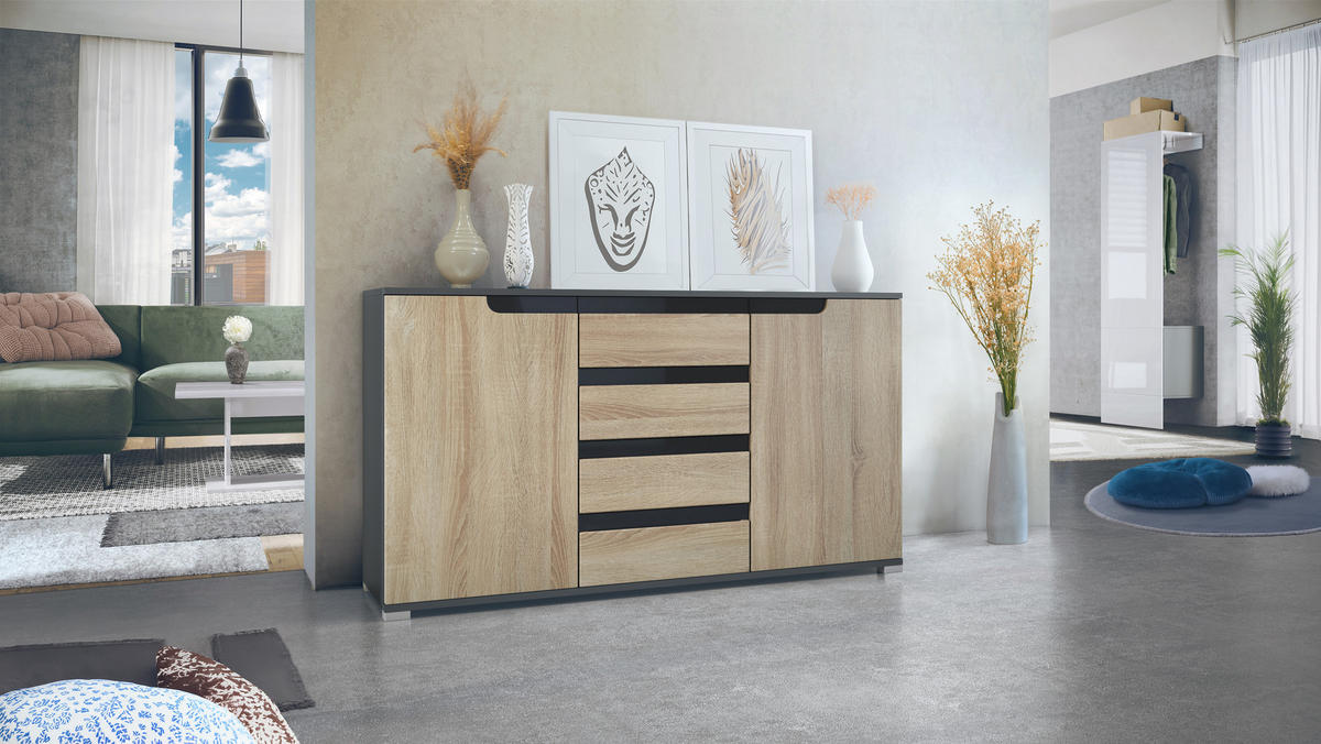 SIDEBOARD Sylt Eiche sägerau / Schwarz Hochglanz - Eiche San Remo, Holzwerkstoff (138.5/75.5/35cm) - Vladon