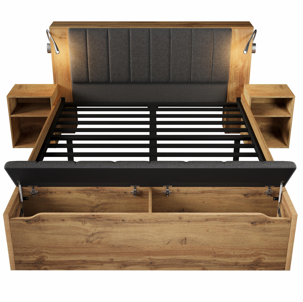 POLSTERBETT 160x200 cm in Eiche mit USB & Leselampen - Eichefarben, Holzwerkstoff (160/200cm) - Modfu