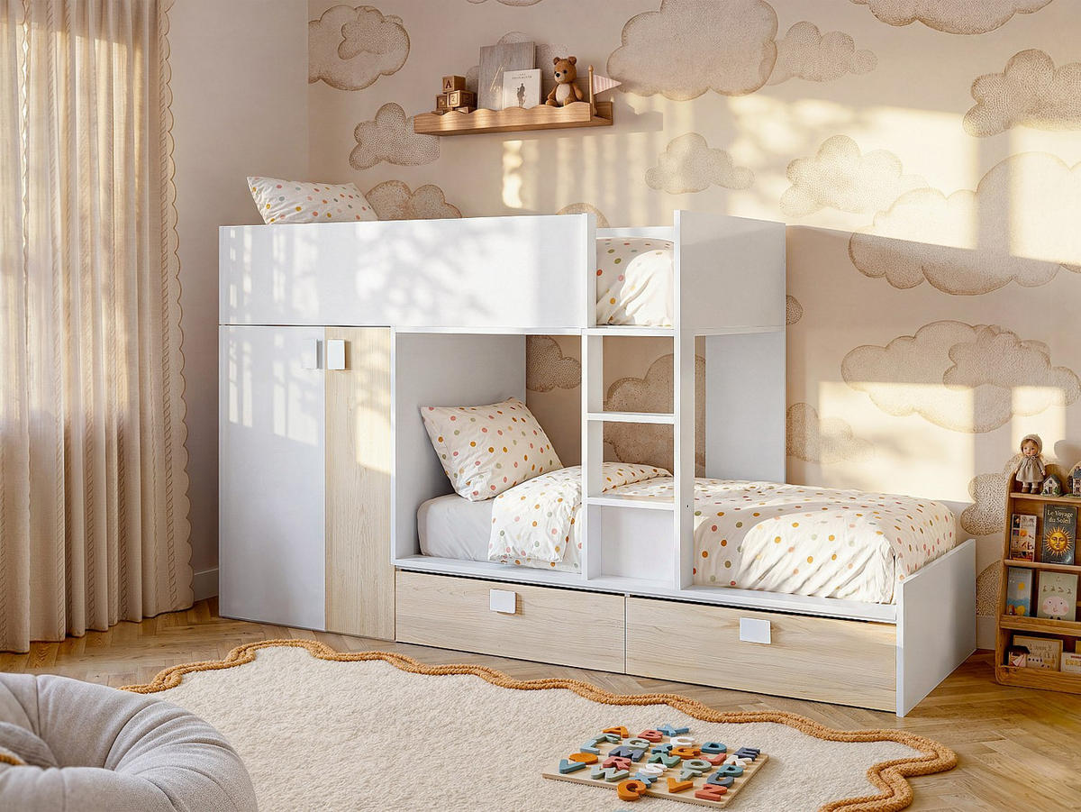 ETAGENBETT - 2 Personen - holz - naturfarben hell, weiß Juanito - Naturfarben/Weiß, Holz (90/190cm) - Vente-Unique