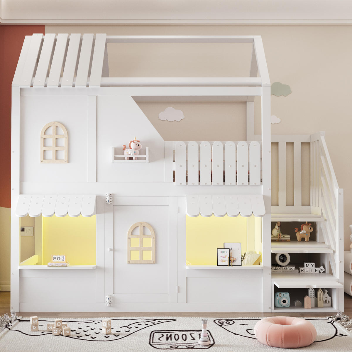 KINDER-ETAGENBETT 90 x 200 cm mit Dach, Leiter und LED, Weiß - Weiß, Holz (90/200cm) - FLIEKS