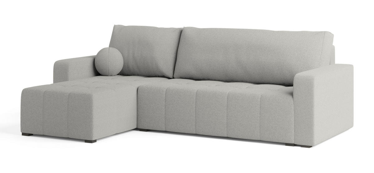 ECKSOFA VOLIRA Hellgrau Boucle-Stoff mit Schlaffunktion - Hellgrau, Holz (230/143cm) - MASSENO