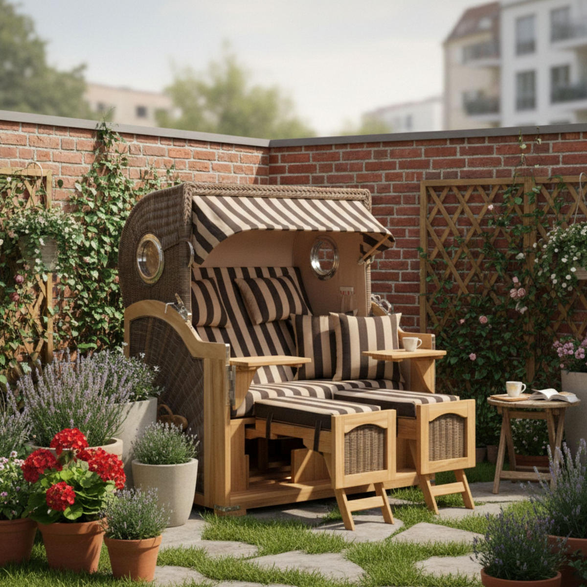 STRANDKORB Düne Grande Bullauge Teak PE Grey Dessin 581 - Braun/Grau, Metall (142/170/95cm) - Mr. Deko