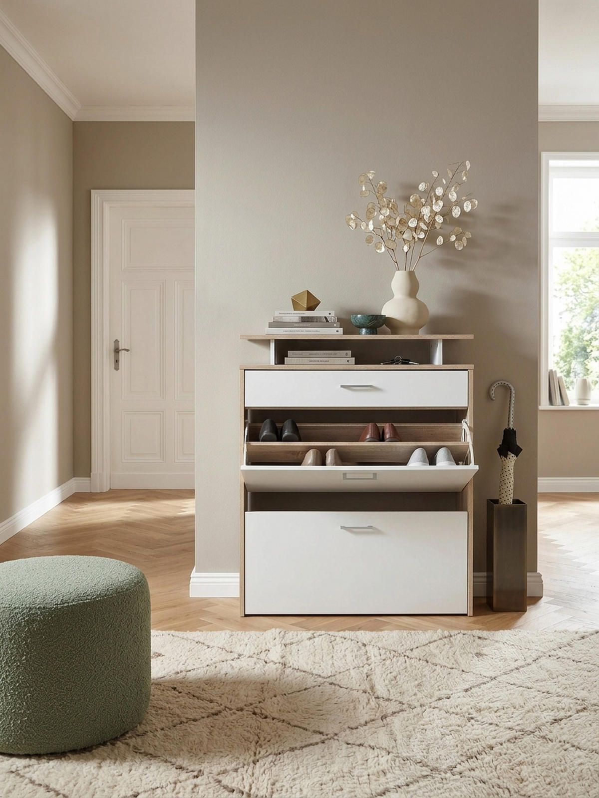 SCHUHKIPPER – Sonoma Eiche, 4 Fächer, großzügige Ablage, MDF-Holz - Beige, Holz (80/95/24cm) - KADIMA DESIGN