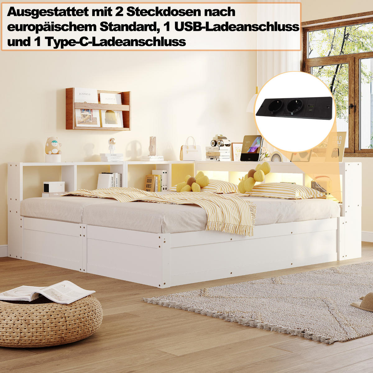 SCHLAFSOFA 90x200cm LED Stauraum Steckdose Holzbett Weiß - Weiß, Holzwerkstoff (180/200cm) - FLIEKS