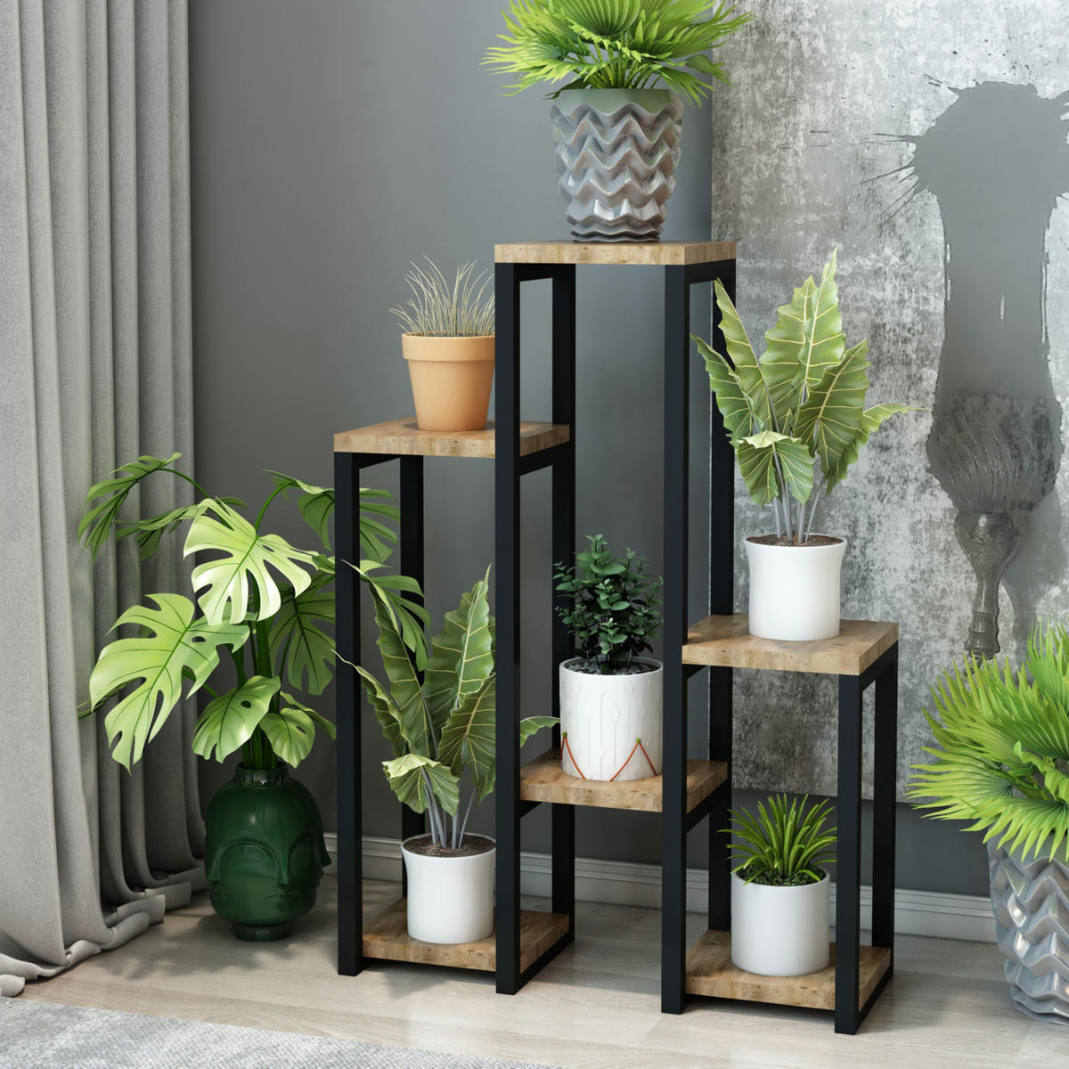 PFLANZENREGAL Rosenholm - Schwarz/Braun, Holzwerkstoff/Metall (20/56/78.5cm) - [en.casa]