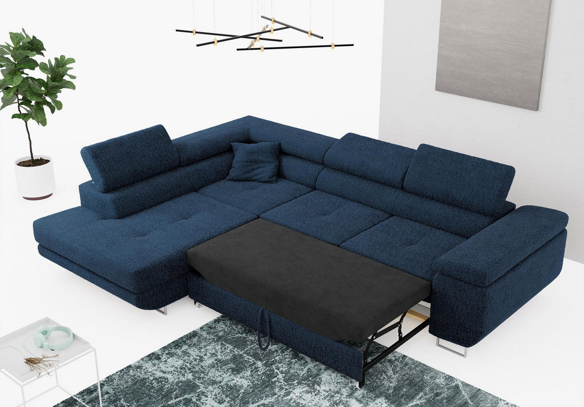 ROHOVÁ SEDAČKA GUSTAW L - Tmavě modrá Bouclé - Levá Strana - stříbrná/tmavě modrá, kov/textil (275/205cm) - MKS