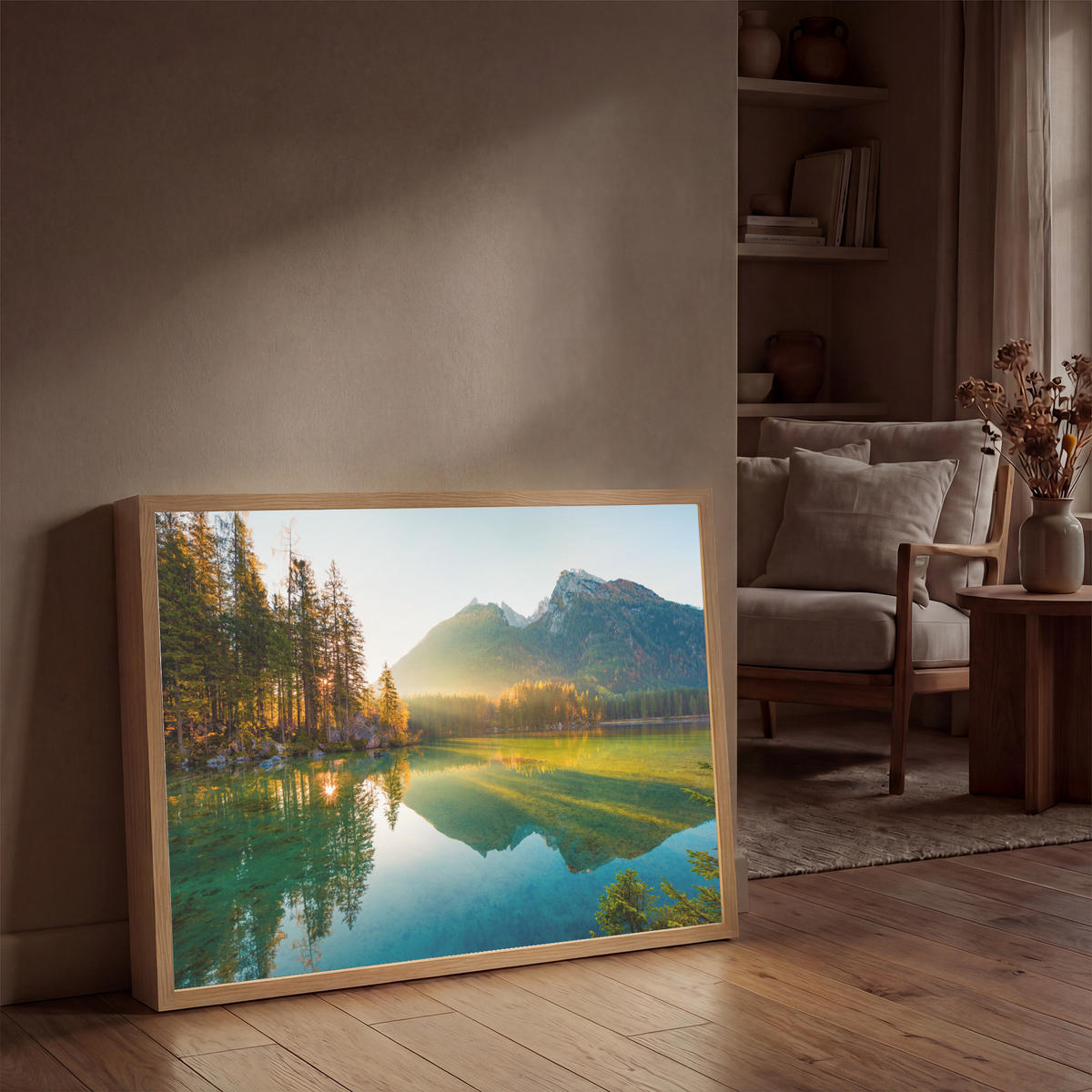 WANDLEUCHTE MIT AKKU See - Wald - Berge - Natur - Sonne - Landschaft 100x70 cm - Grün, Holzwerkstoff (100/70/8cm) - OnlyWow