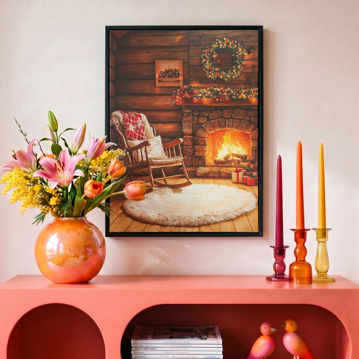 LEINWAND Bilder mit Rahmen - Winter - Weihnachten - Zuhause - Kamin - 30x40 - Bernsteinfarben, Textil (30/40cm) - MuchoWow