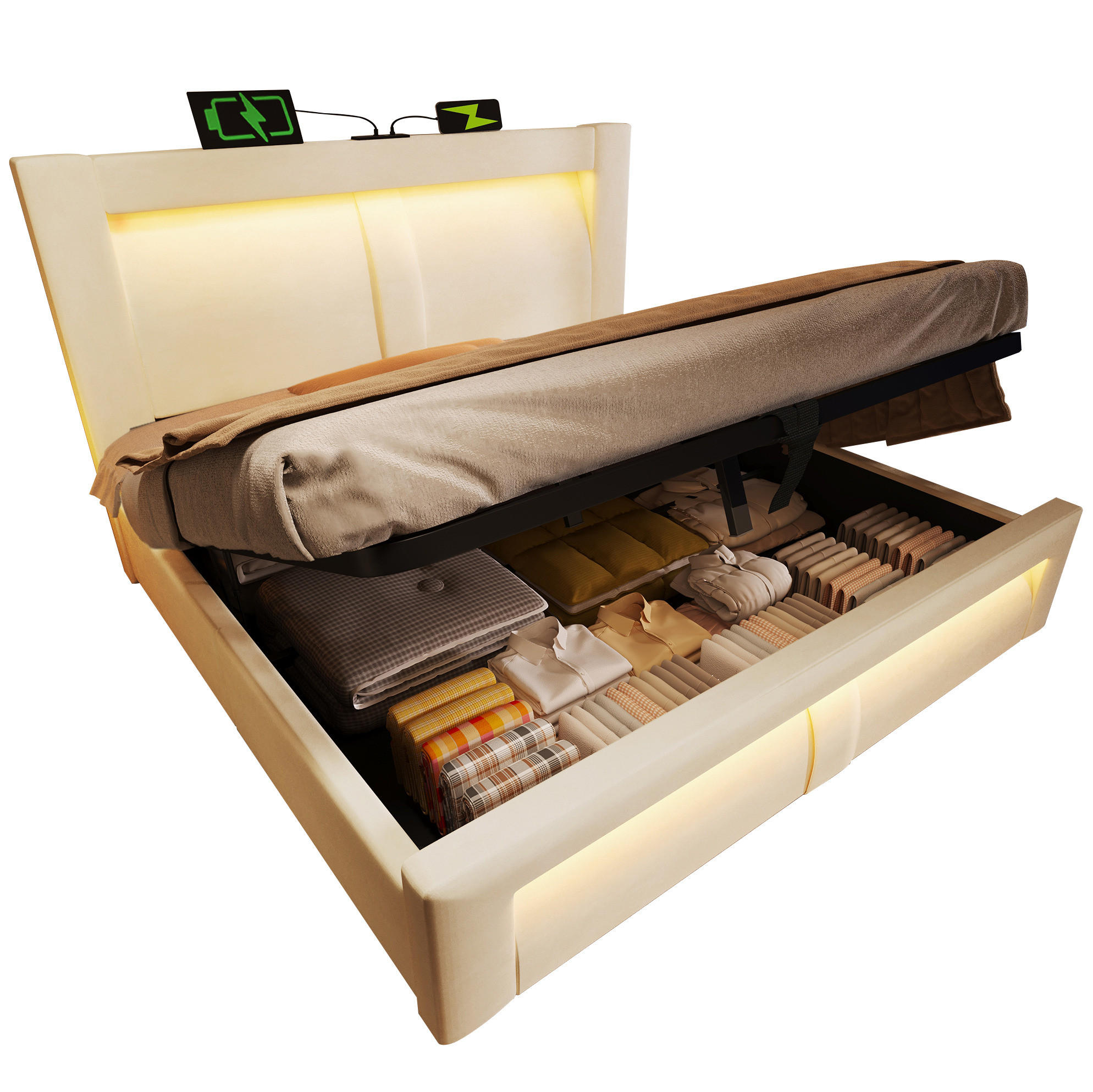 POLSTERBETT 180/200 cm mit Bettkasten, LED-Beleuchtung, USB-C und Ladefunktion, Samt, Beige - Beige, Textil (180/200cm) - Redom