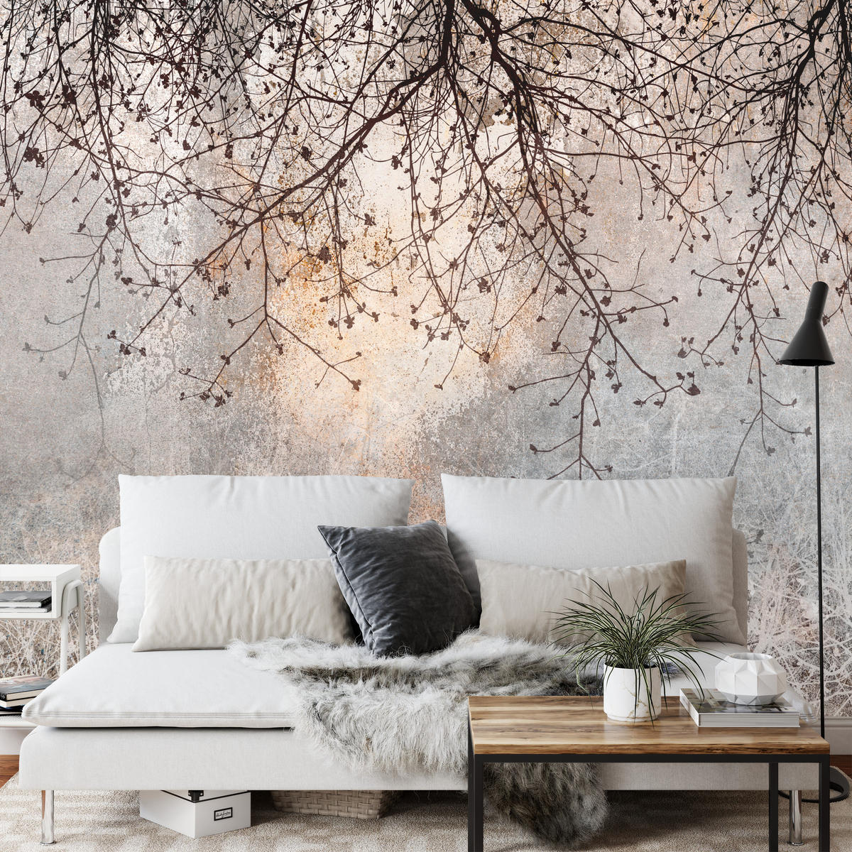FOTOTAPETA Vetvy Betón Rastliny Abstrakcia 400 x 280 cm - oranžová/hnedá, papier (400/280cm) - Muralo
