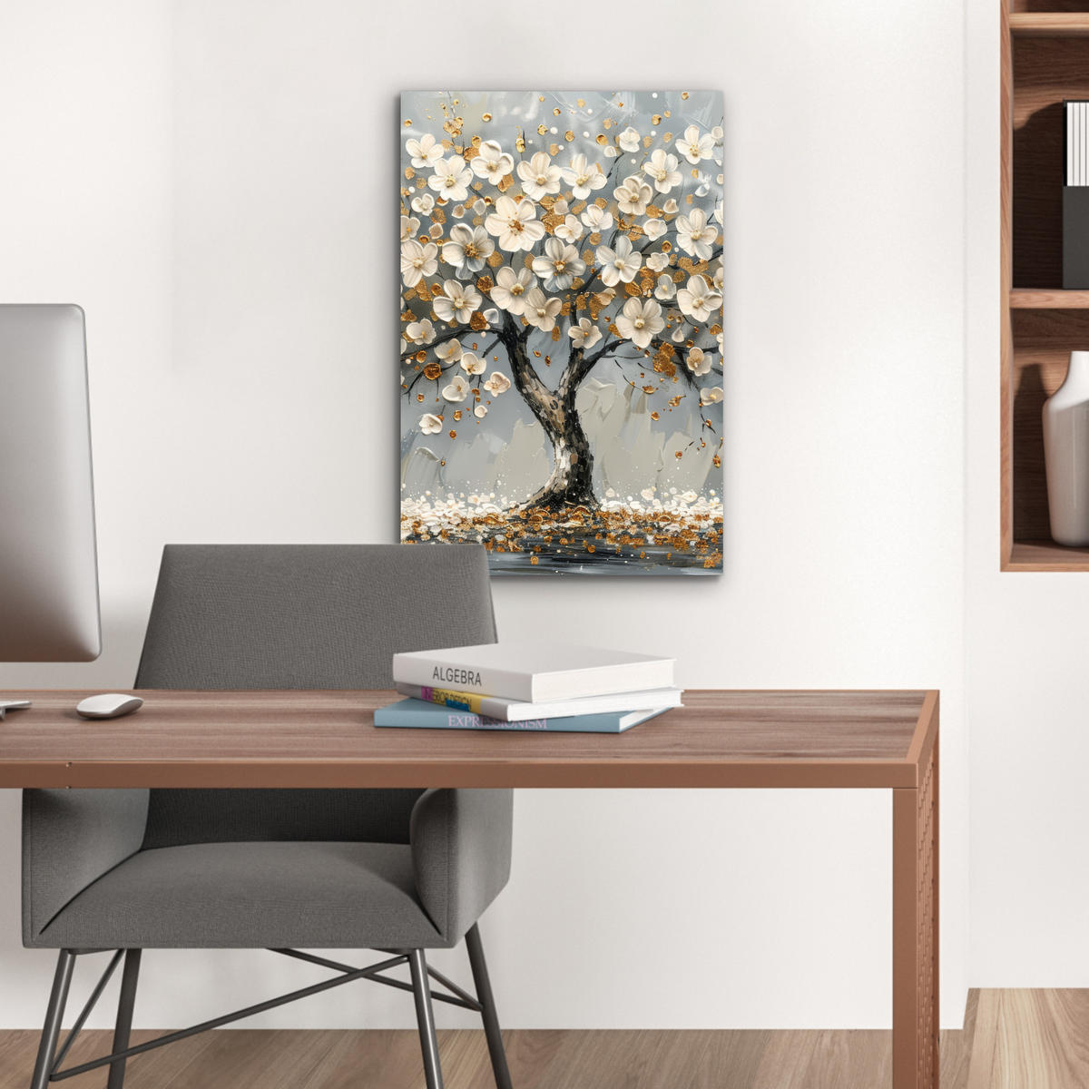 METALLBILD Baum - Blumen - Weiß - Natur - Kunst 40x60 cm - Weiß, Metall (40/60cm) - MuchoWow