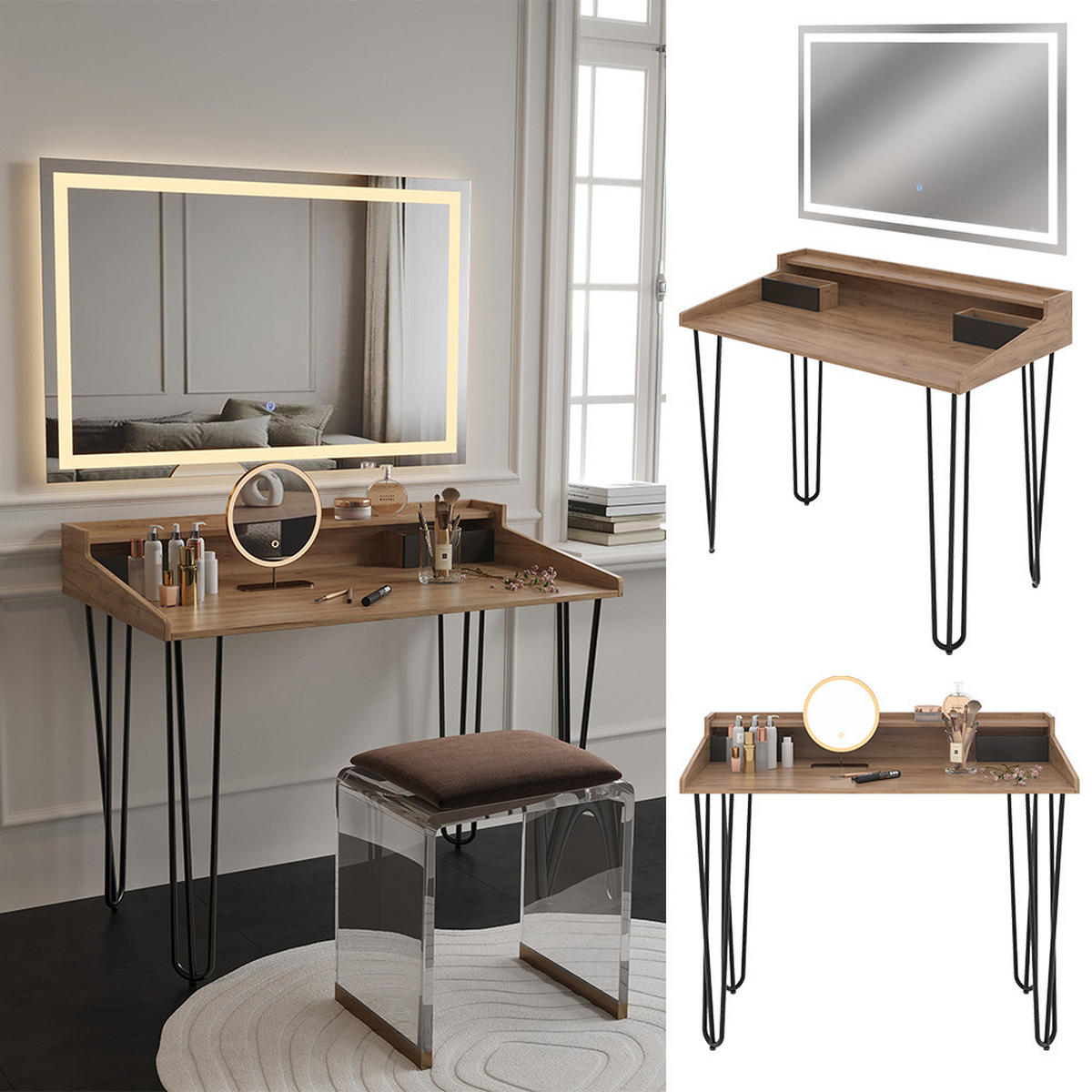 SCHMINKTISCH Sannar Eiche mit LED-Spiegel - Eichefarben/Schwarz, Holzwerkstoff (110/89.5/60cm) - Vicco