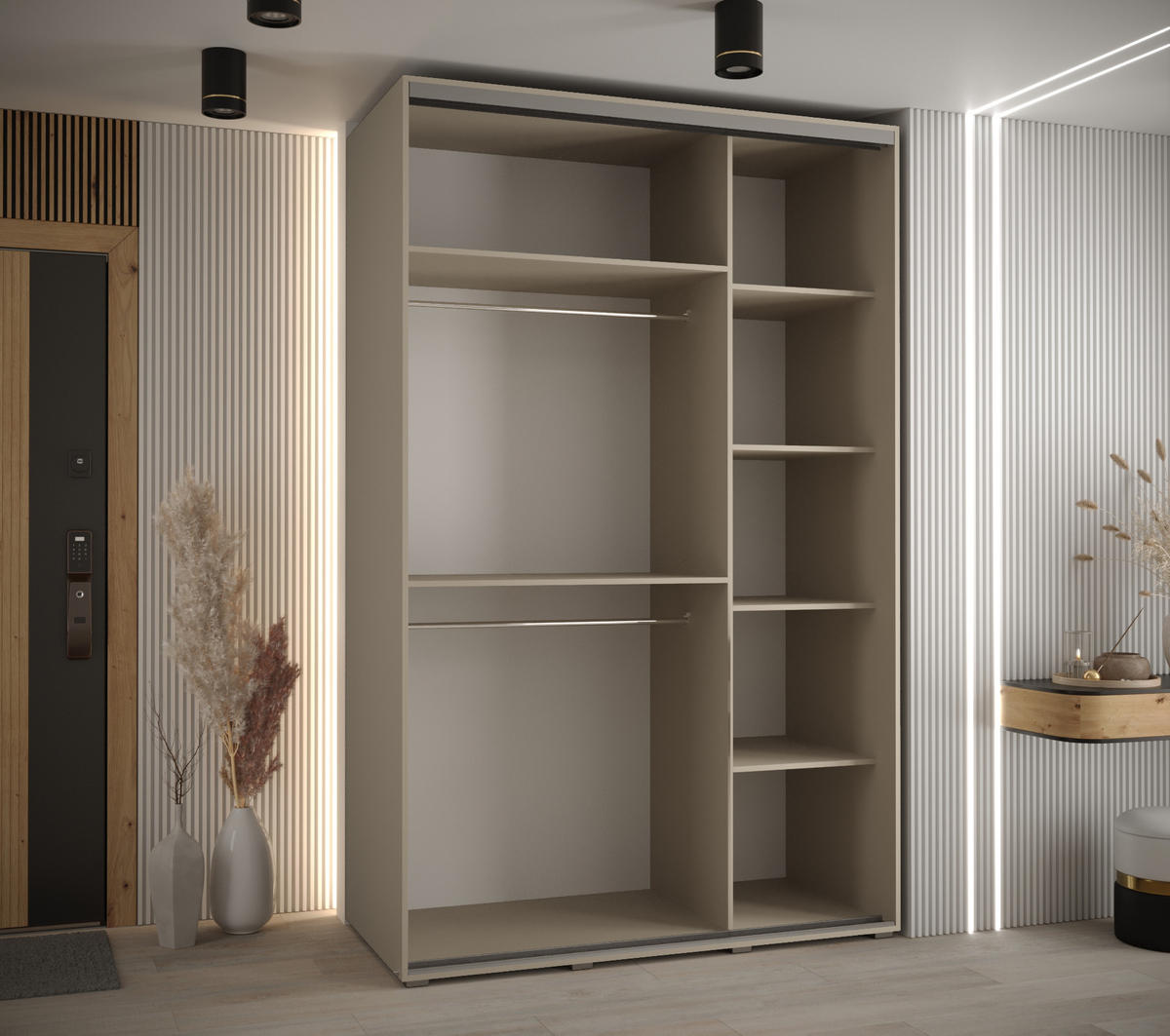 SCHWEBETÜRENSCHRANK 235,2/150/60 3-türig - Kaschmir/Schwarz, Holz/Metall (150/235.2/60cm) - MÖBEL KRYSPOL