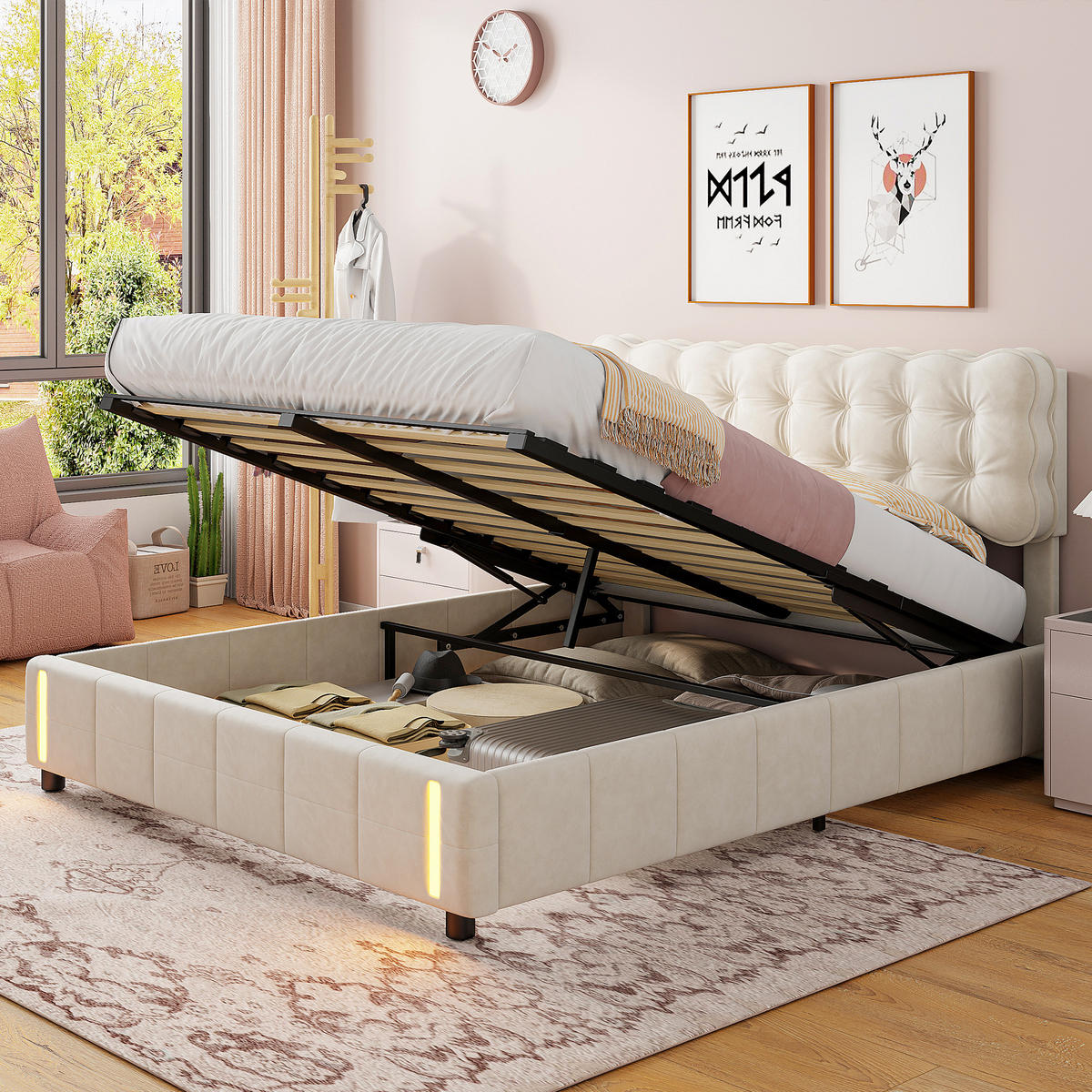 POLSTERBETT 140/200 cm Beige mit Bettkasten und LED-Beleuchtung - Beige, Holz (140/200cm) - SHOPENTRA