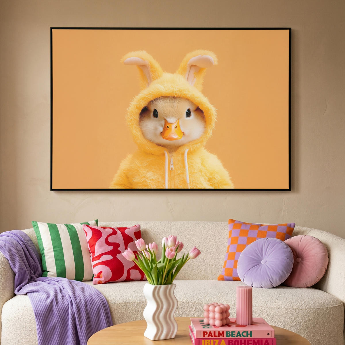 LEINWAND Bilder mit Rahmen - Osterhase - Kostüm - Ente - 120x80 - Gelb, Textil (120/80cm) - MuchoWow