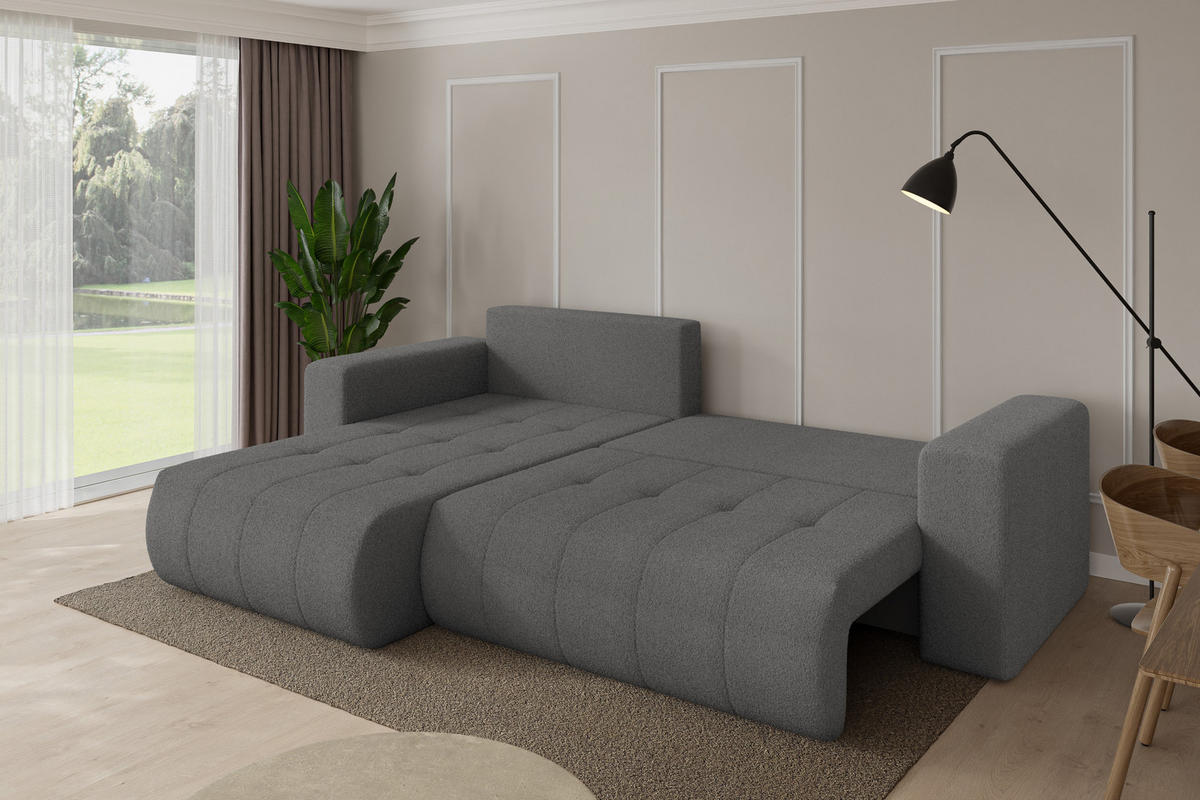 ROHOVÁ SEDAČKA s funkcí spaní, otoman vlevo MILA-L 277x194x86 šedá bouclé - šedá/černá, kompozitní dřevo/textil (277/194cm) - ALTDECOR