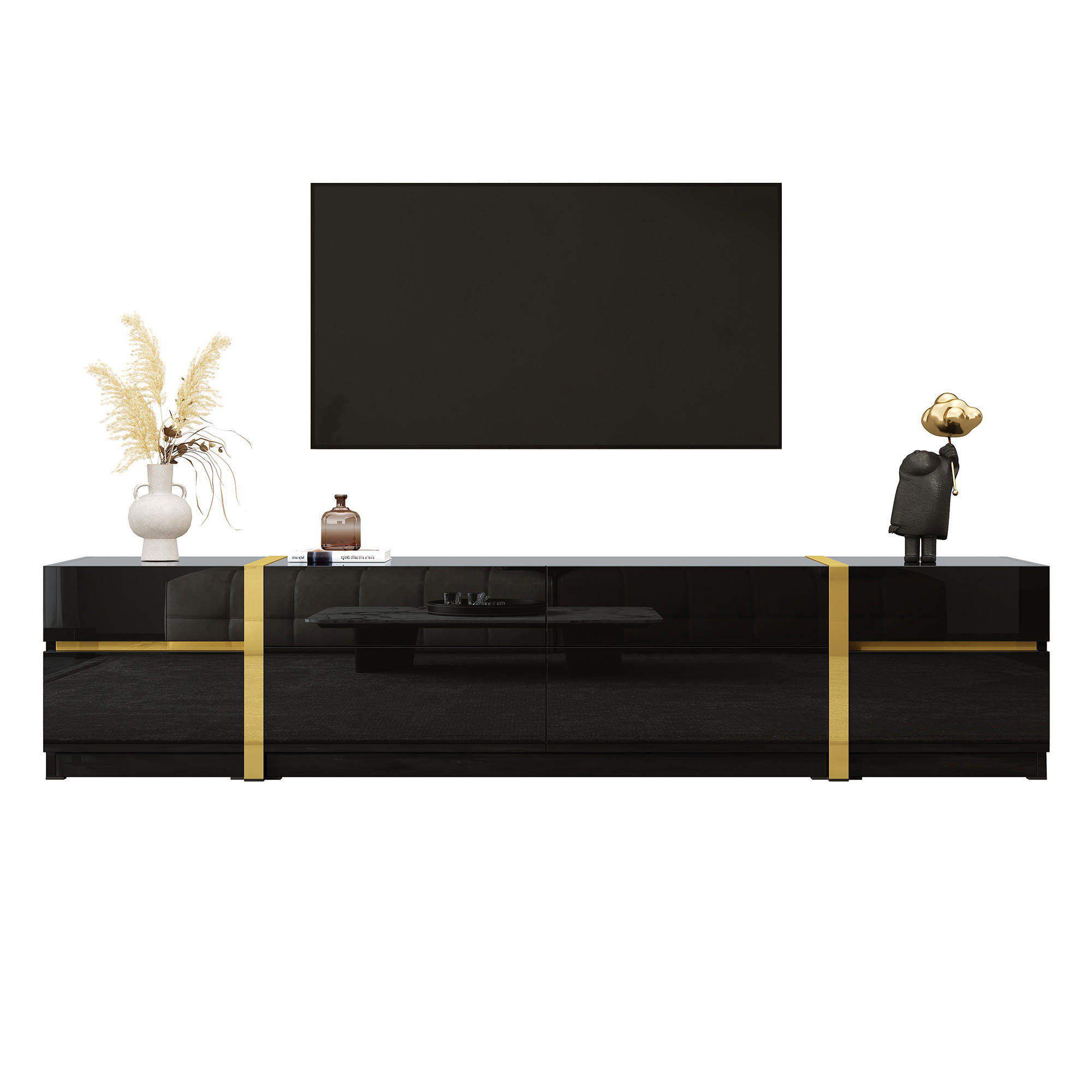 TV-SCHRANK Lowboard Hochglanz Goldkante Türen Schubladen - Schwarz, Holz (180/38/40cm) - LEBENLANG