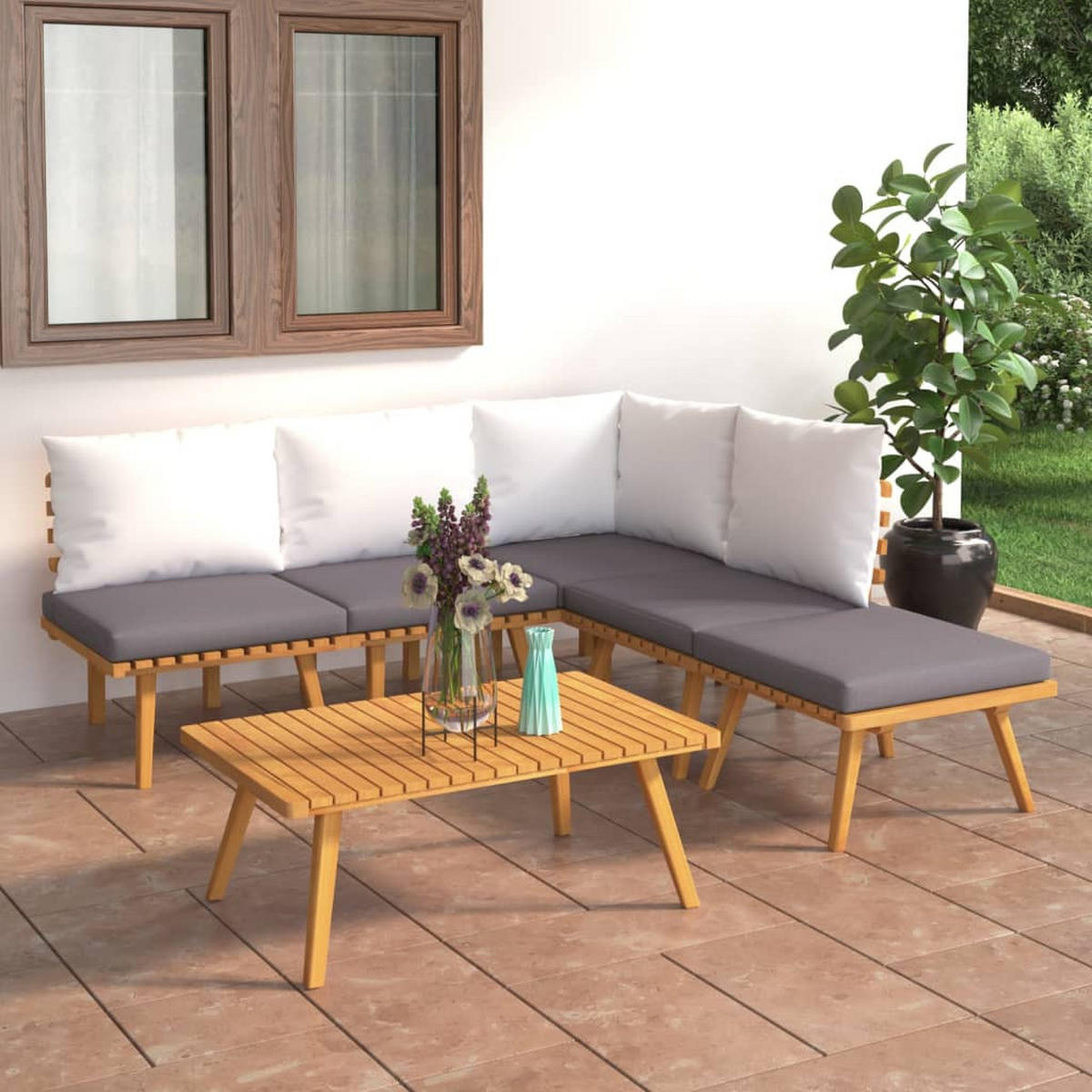 GARTEN-LOUNGE-SET 6-teilig Mit Kissen Massivholz Akazie - Dunkelgrau/Braun, Holz/Textil - vidaXL