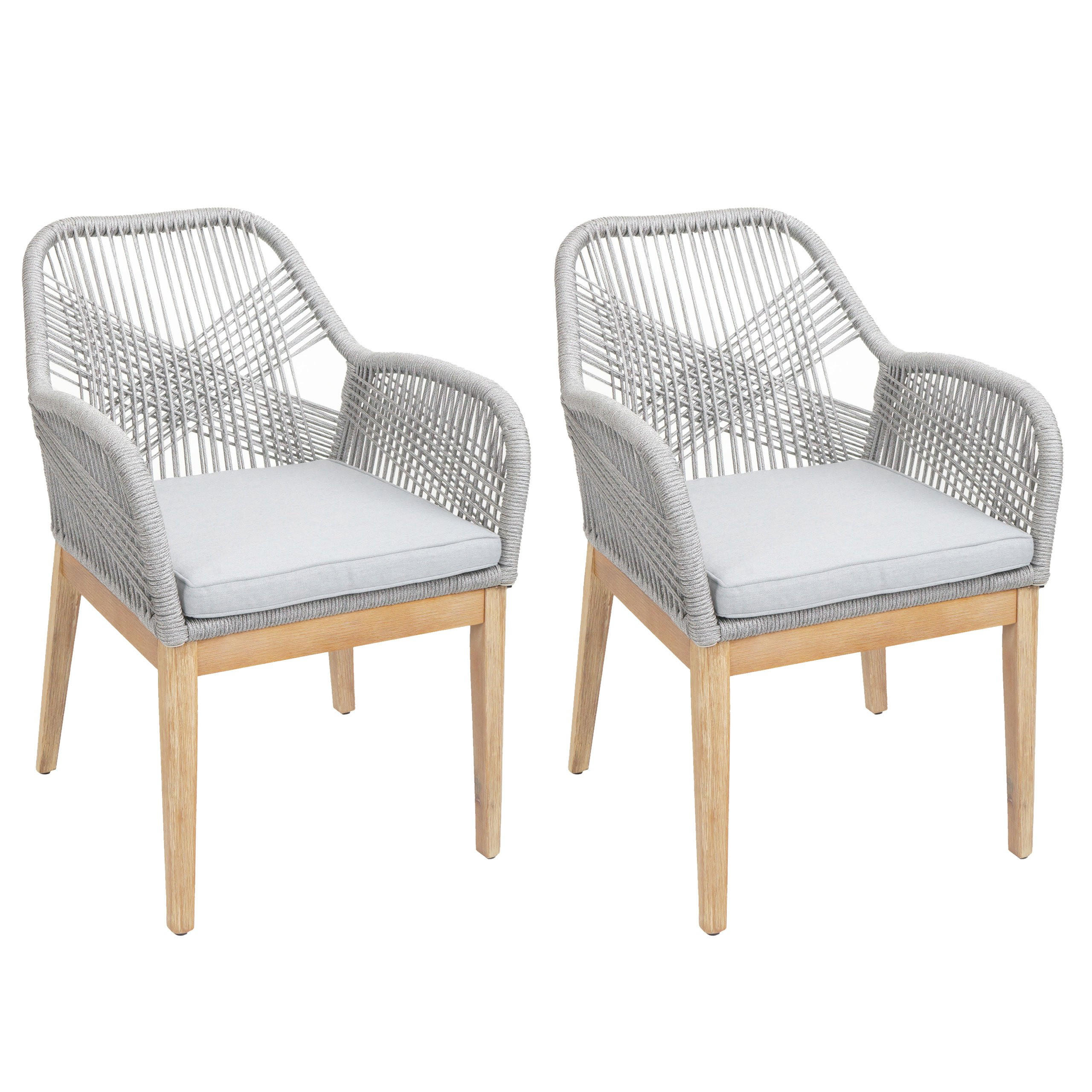 GARTENSTUHL 2er-Set HxBxT 85x58x59cm Sitzhöhe 47cm wetterfest Seilgeflecht Rope Holz Akazie Hellgrau Kissen Hellgrau - Hellgrau, Holz (58/85/59cm) - PROREGAL