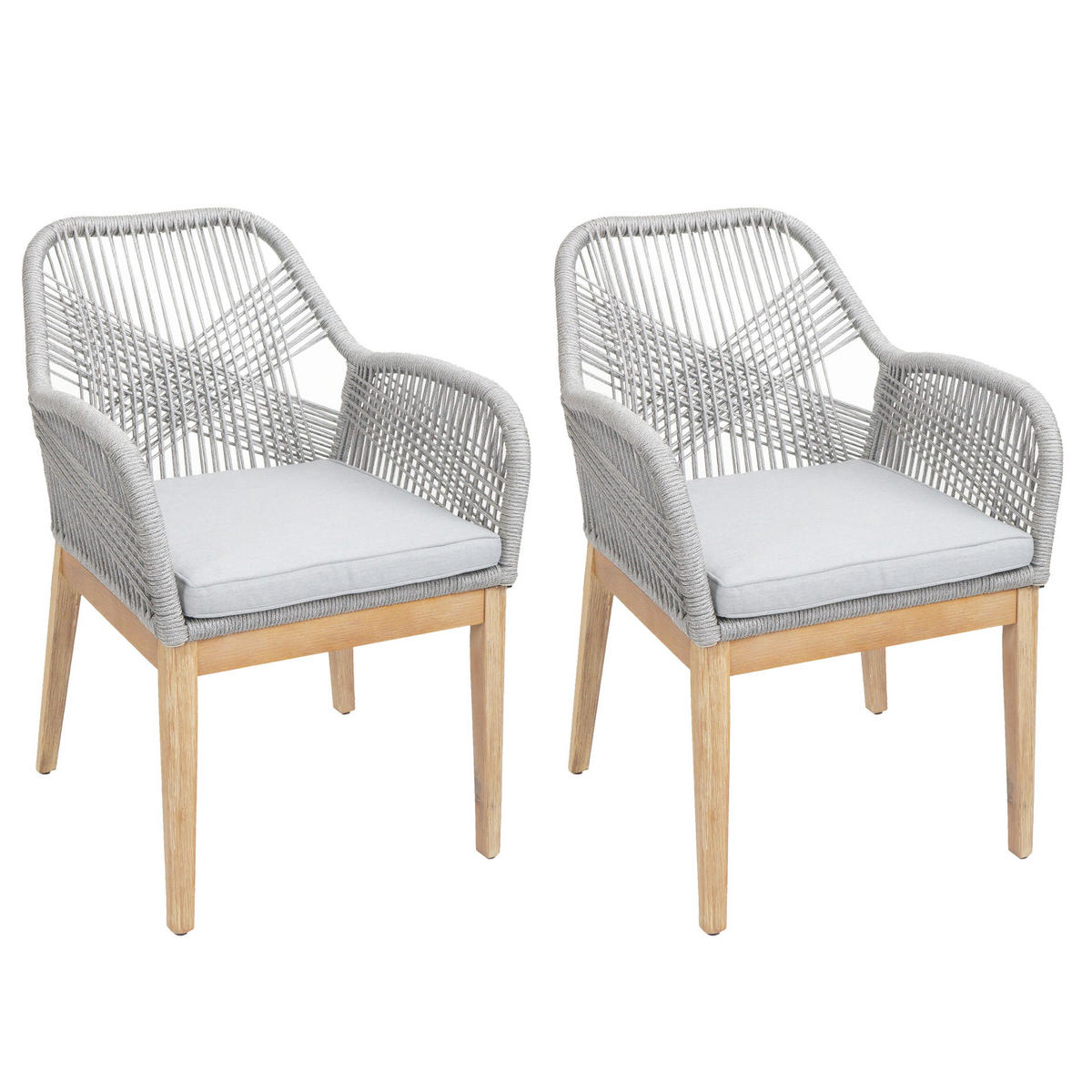 GARTENSTUHL 2er-Set HxBxT 85x58x59cm Sitzhöhe 47cm wetterfest Seilgeflecht Rope Holz Akazie Hellgrau Kissen Hellgrau - Hellgrau, Holz (58/85/59cm) - PROREGAL