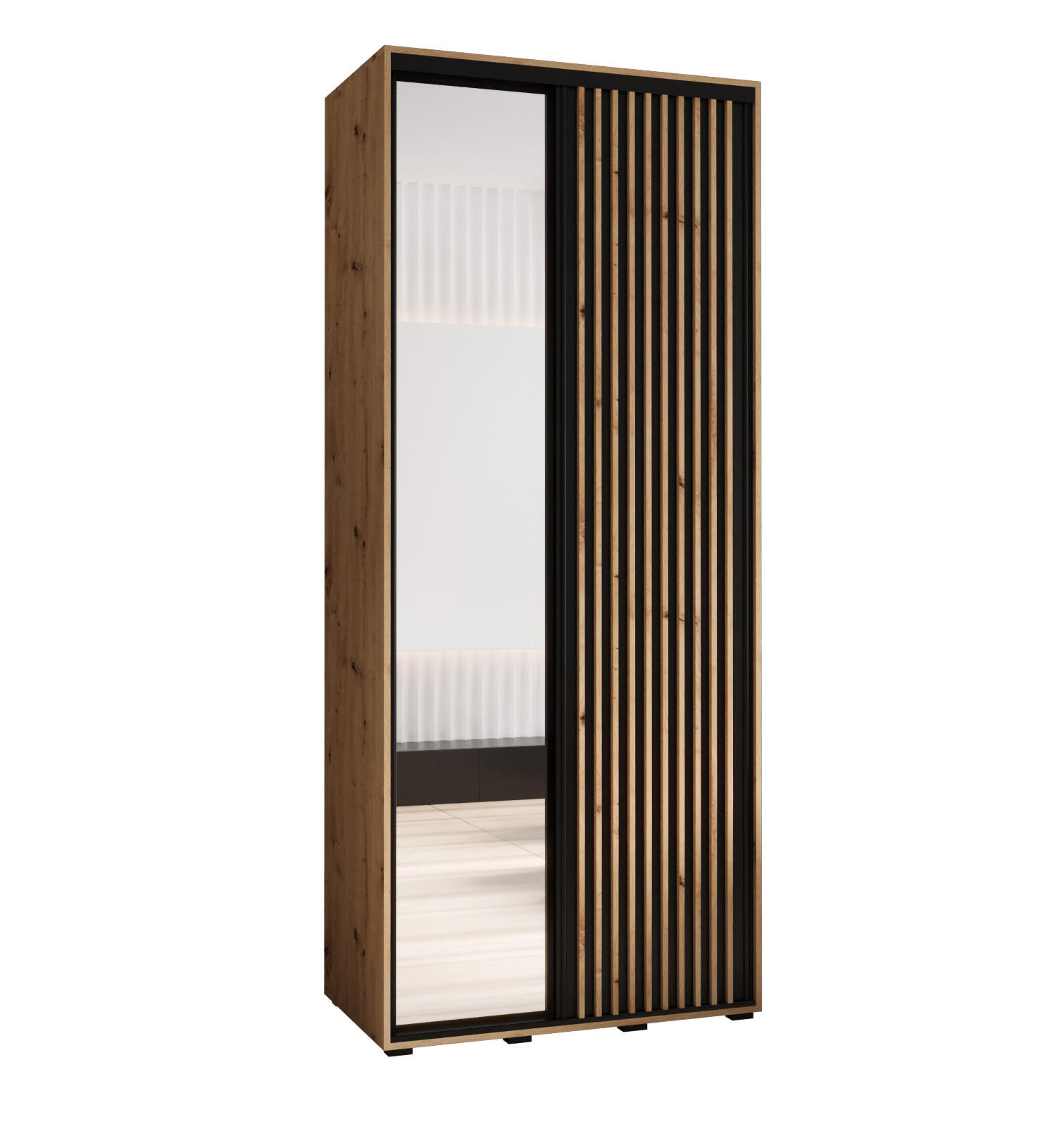 Abiks Möbel Schwebetürenschrank Eiche Artisan, Schwarz, Eiche Artisan 100x205.2x60 cm