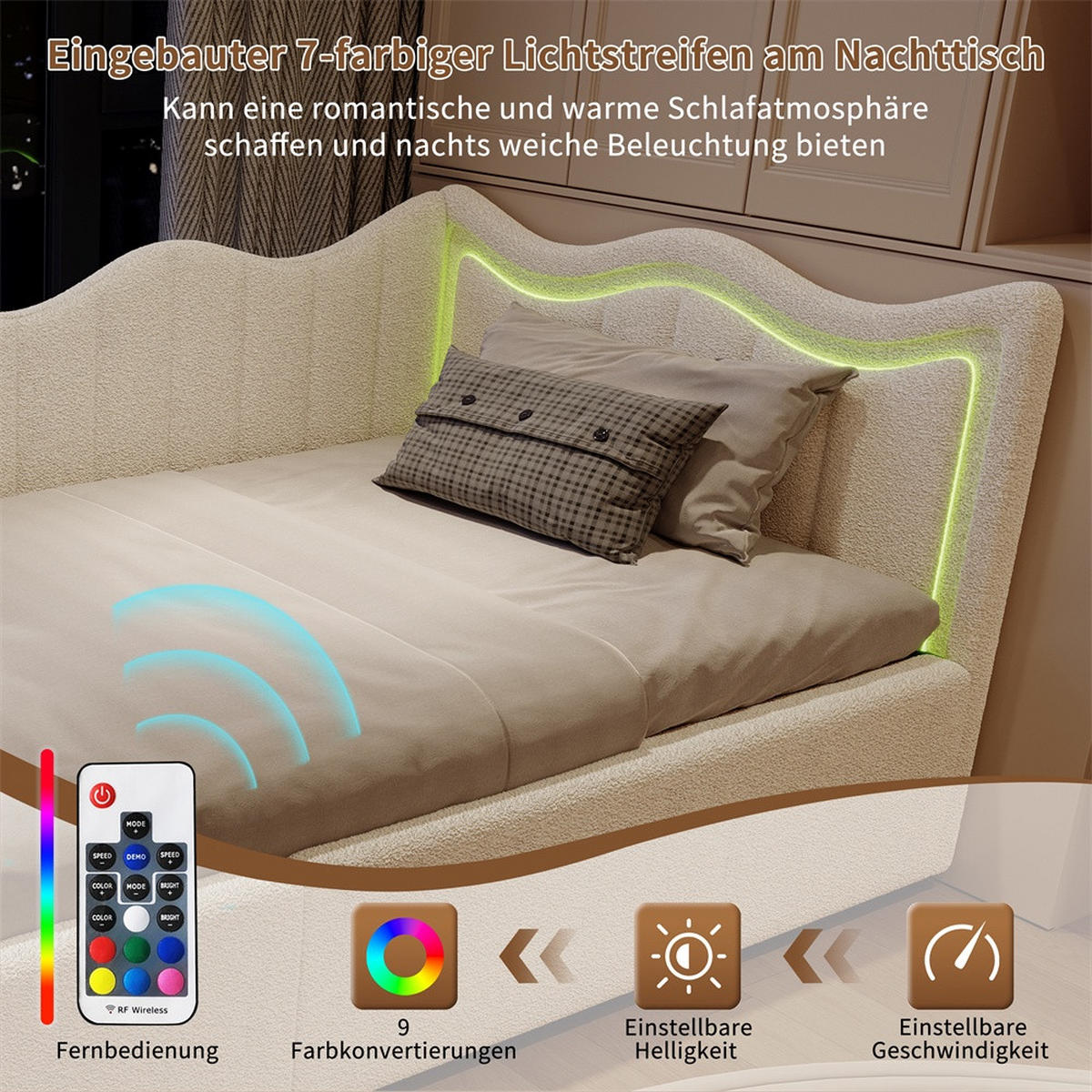 POLSTERBETT 90x200cm - Einzelbett 90x200cm mit hydraulischem Stauraum und LED-Beleuchtung - ohne Matratze - Weiß - Weiß, Textil (90/200cm) - DELFA