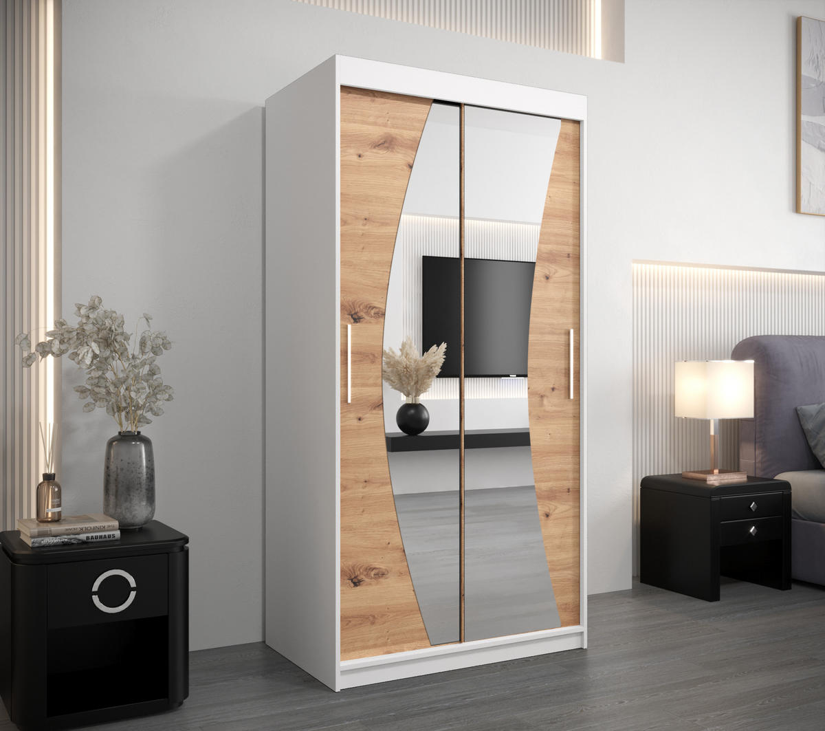 SCHWEBETÜRENSCHRANK 200/100/62 2-türig - Silberfarben/Weiß, Holz/Kunststoff (100/200/62cm) - Abiks Möbel