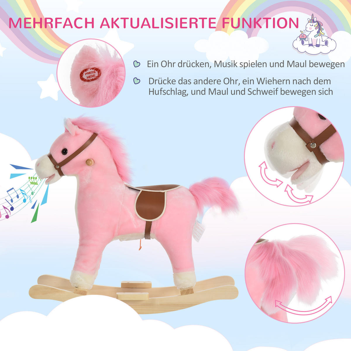 KINDER SCHAUKELTIER, Braun/Rosa, Plüsch+ Holz - Rosa, Holz (32.5/61/65cm) - HOMCOM