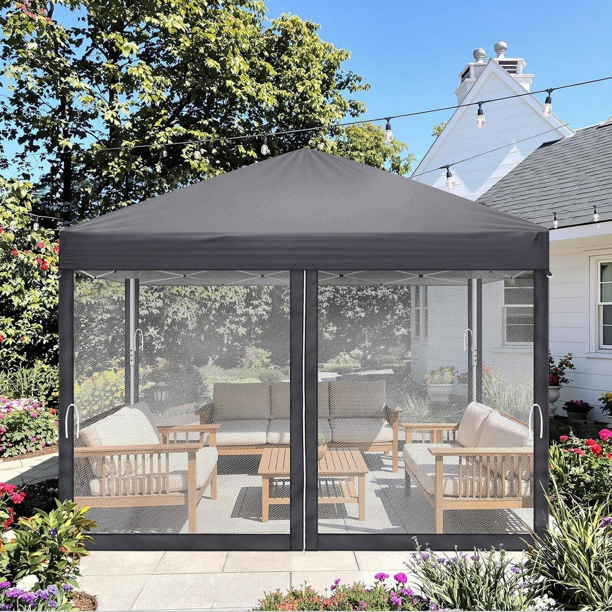 FALTPAVILLON 3 x 3 m Anthrazit mit Moskitonetzen - Anthrazit, Textil (300/245/300cm)