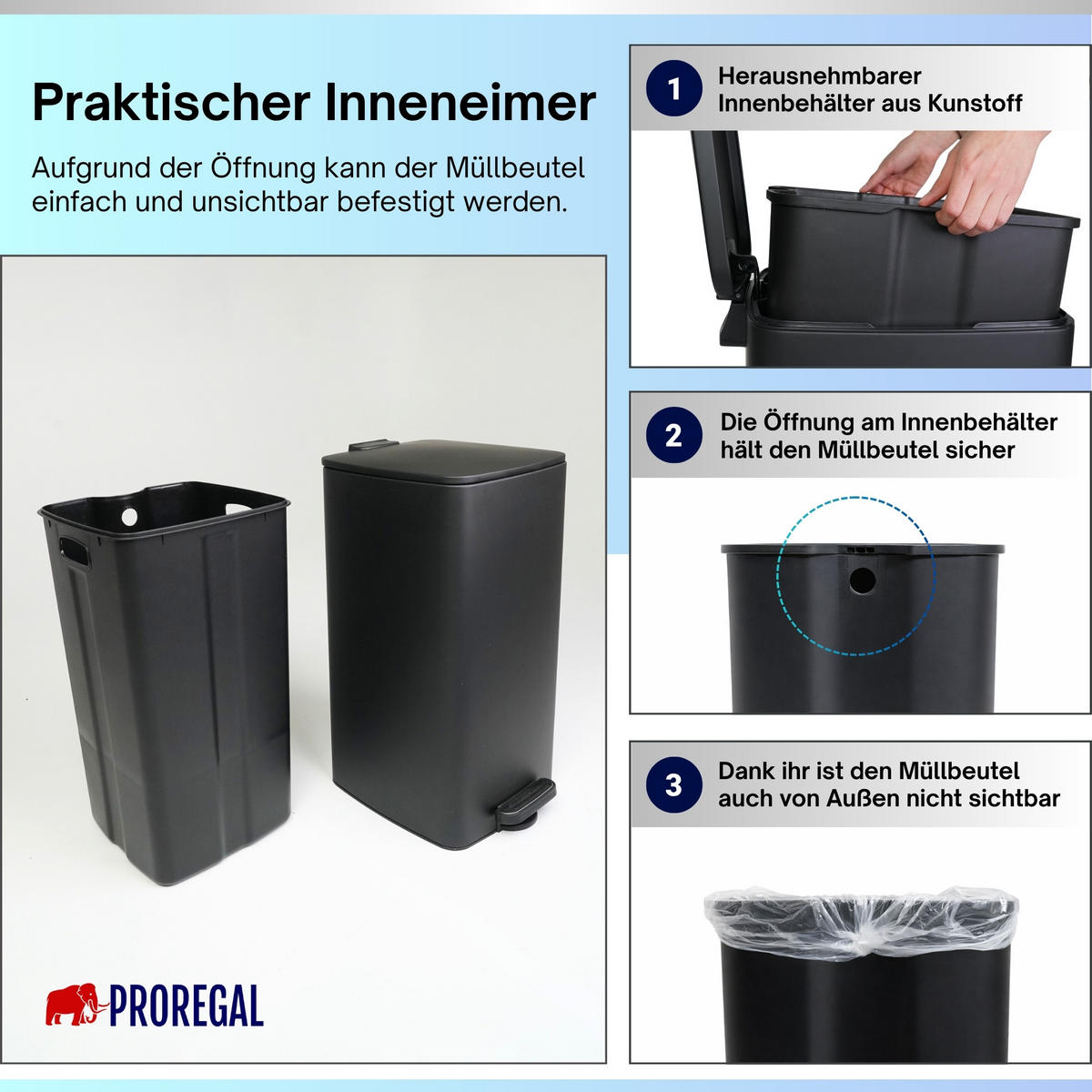 MÜLLEIMER 50 Liter mit Softclose & Fußpedal - Schwarz, Metall (41.5/67.5/49cm) - PROREGAL