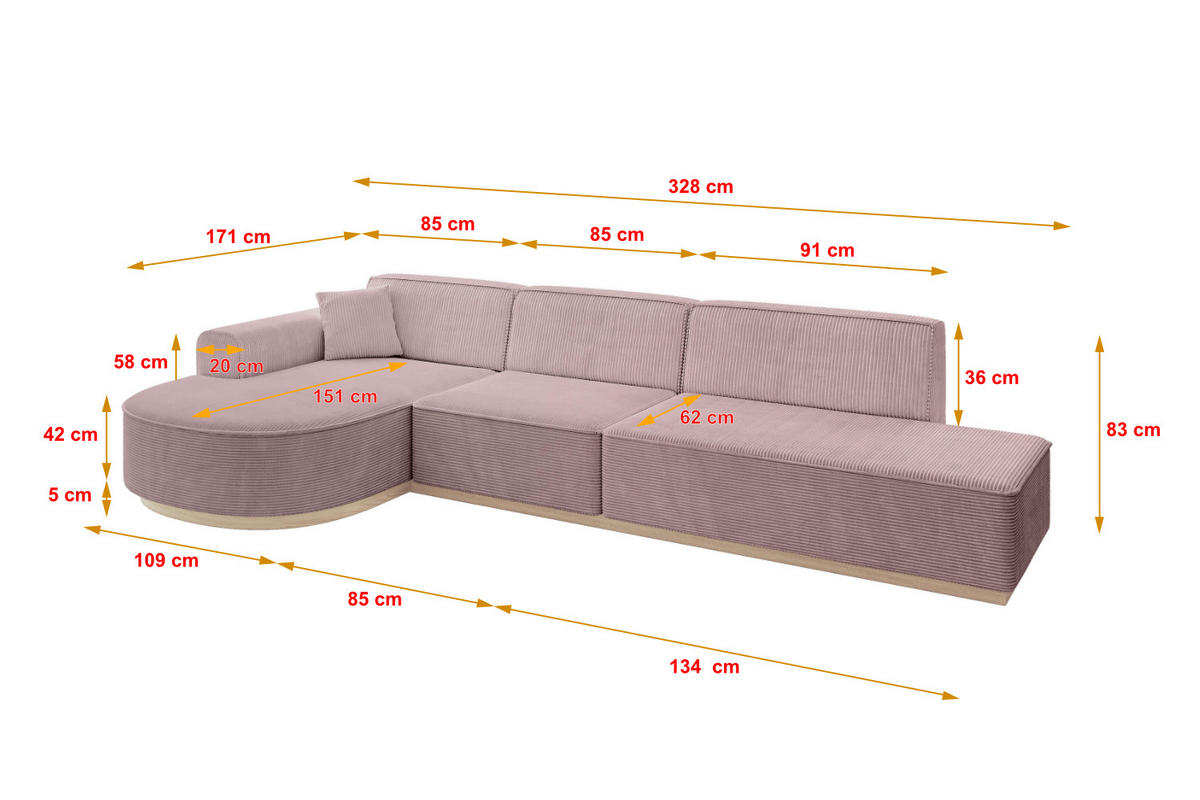 ECKSOFA Ottomane Links ARRIO-L2 - 328x171x83 cm Rosa - Rosa, Holzwerkstoff/Textil (328/171cm) - ALTDECOR