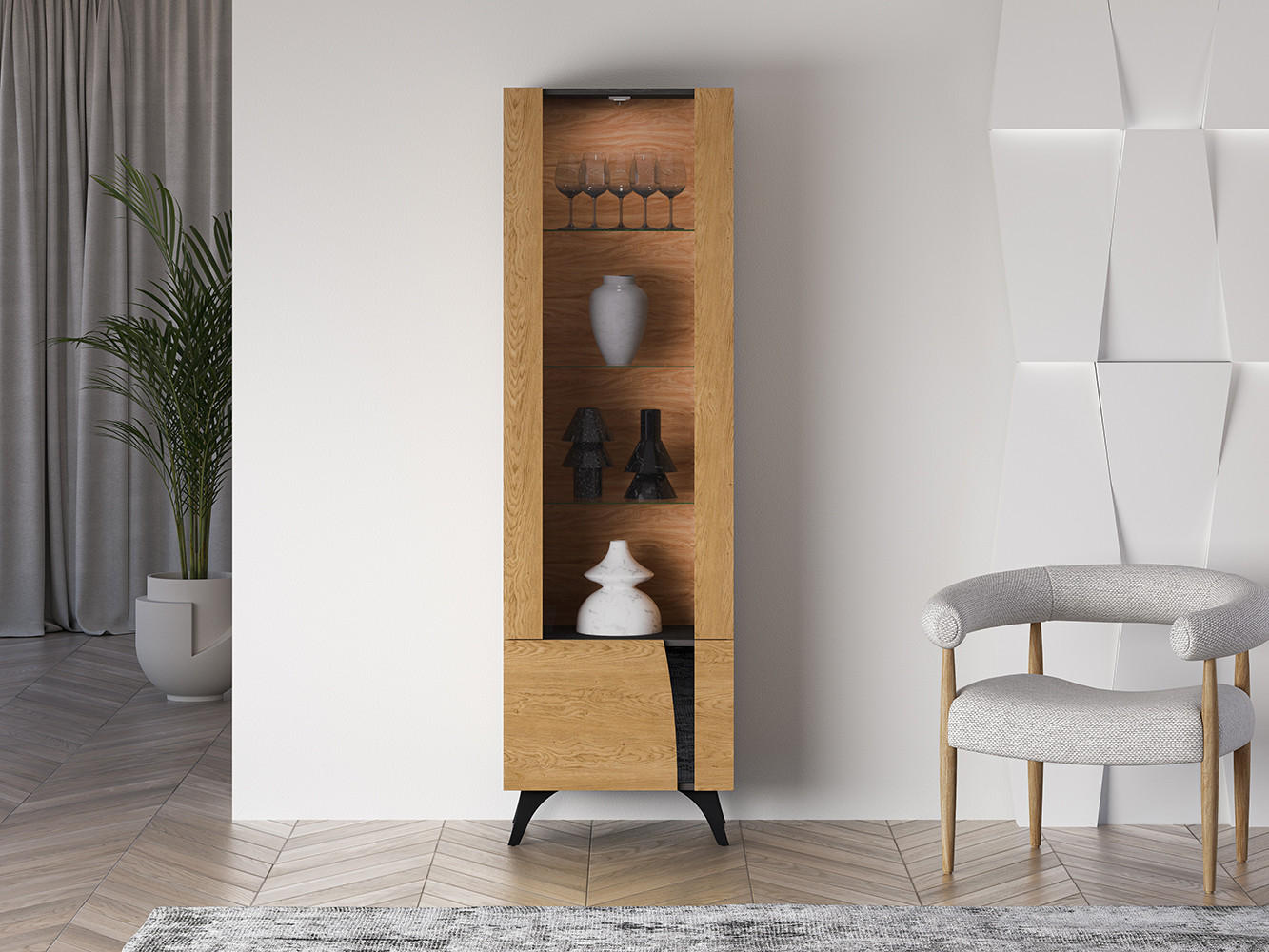 VITRINE Toscania Eiche / Schwarz 58 / 40 / 190cm - Eichefarben/Schwarz, Holz/Holzwerkstoff (58/190/40cm) - Feldmann-Wohnen