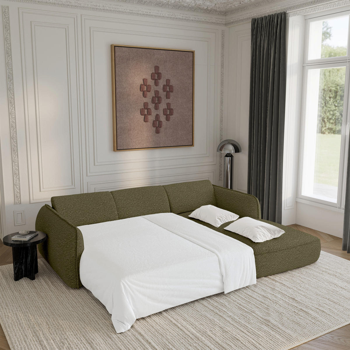 ECKSOFA RECHTS Bouclé-Stoff 274cm - Olivgrün, Textil (274/174cm) - Sia Home