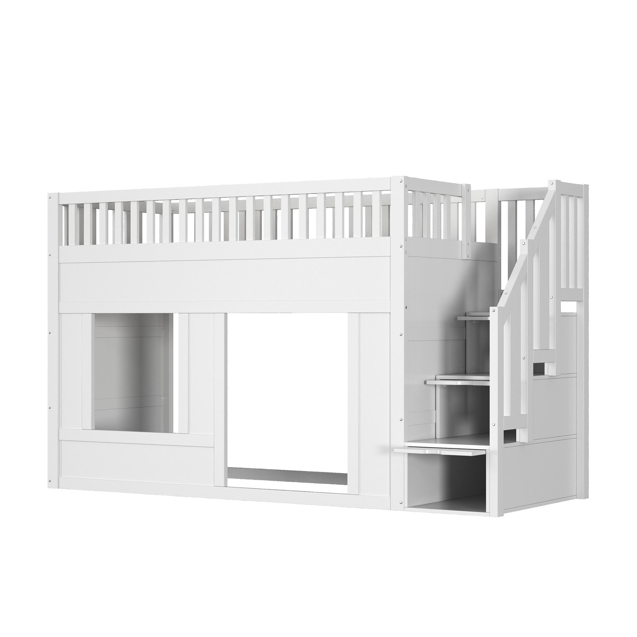 ETAGENBETT 90/200 cm DE-03103, mit Treppenschrank und fle/iblem Unterbett, in Weiß - Weiß, Holz/Holzwerkstoff (90/200cm) - ComfortXL