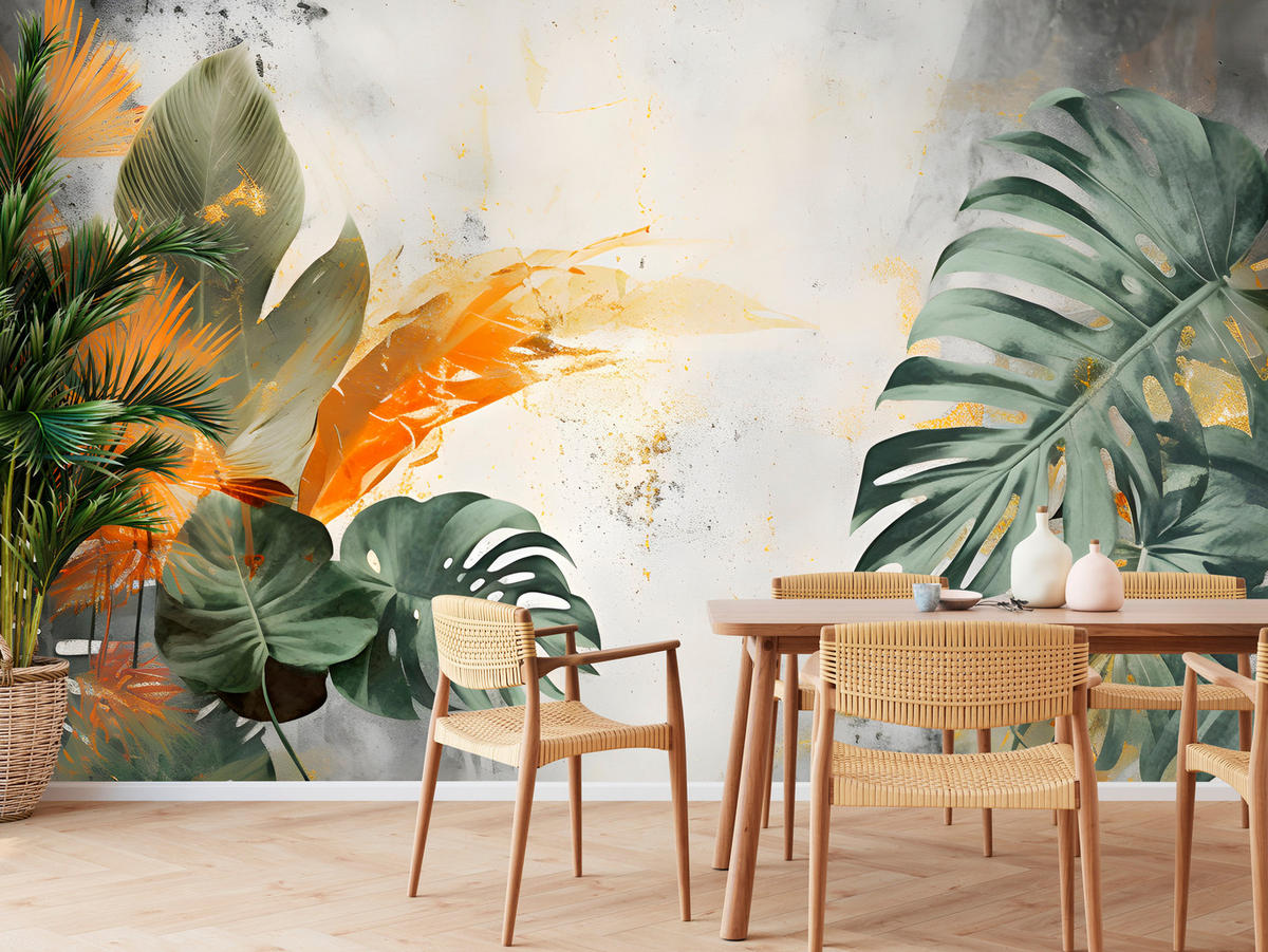 FOTOTAPETE für Schlafzimmer Tropen Monstera Beton Natur Blätter 200x140 - Beige/Orange, Papier (200/140cm) - Muralo