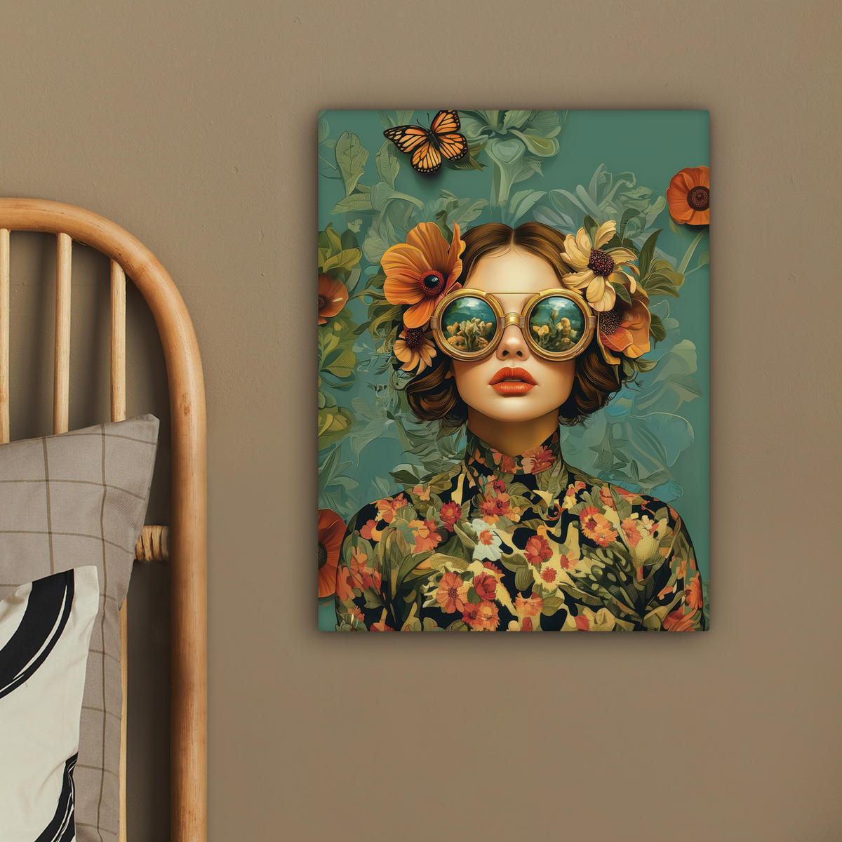 LEINWANDBILD Frau - Blumen - Schmetterlinge - Natur - Vintage Room Decor 30x40 cm - Salbeigrün, Textil (30/40cm) - MuchoWow